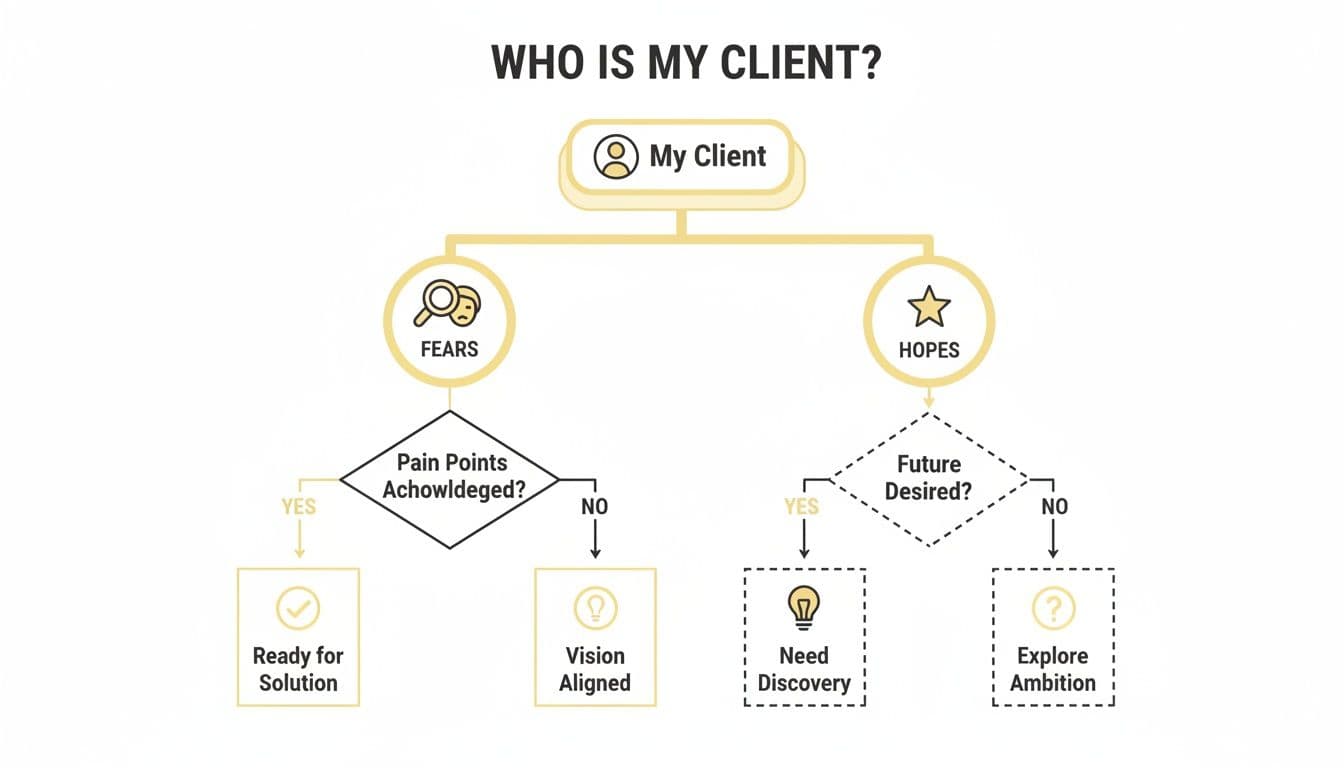 Flowchart illustrating client analysis by exploring fears and hopes, guiding solution and ambition discovery.