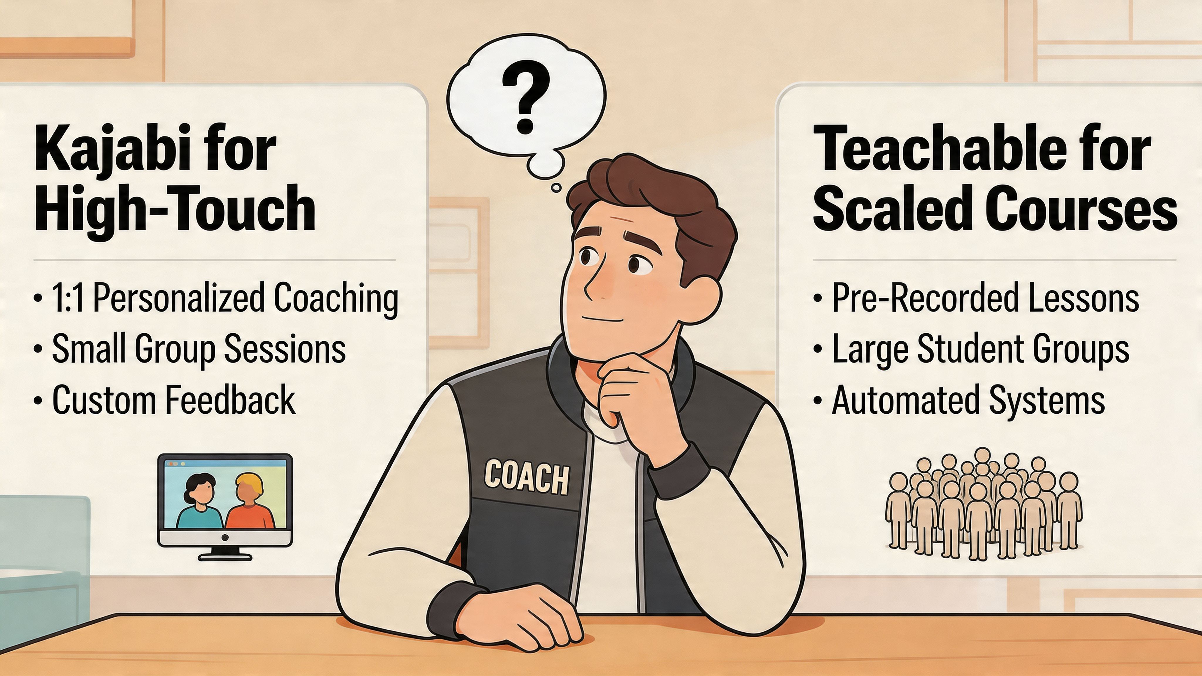 A coach contemplating between using Kajabi for personalized coaching or Teachable for scaled automated online courses.