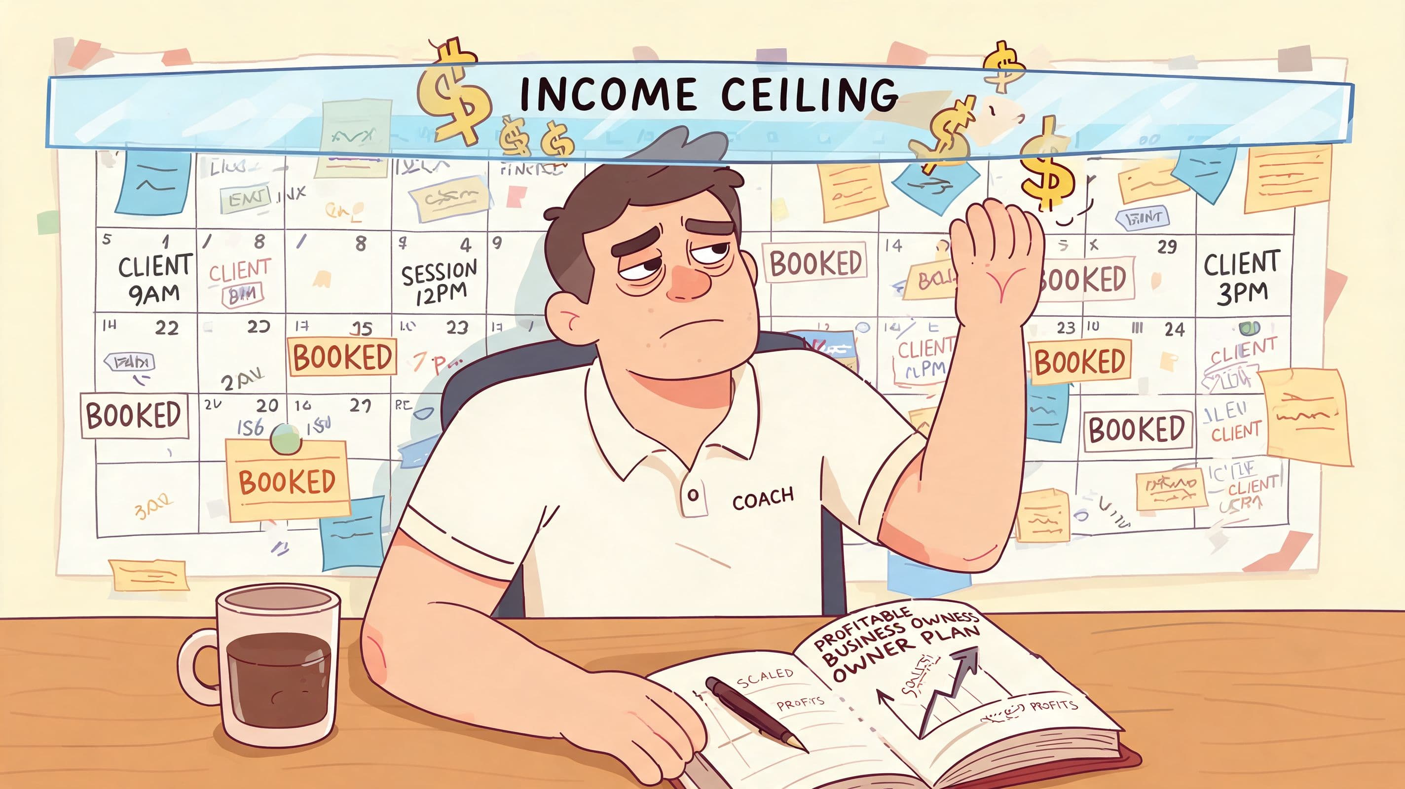 A tired business coach hits an income ceiling while looking at a busy client schedule calendar.