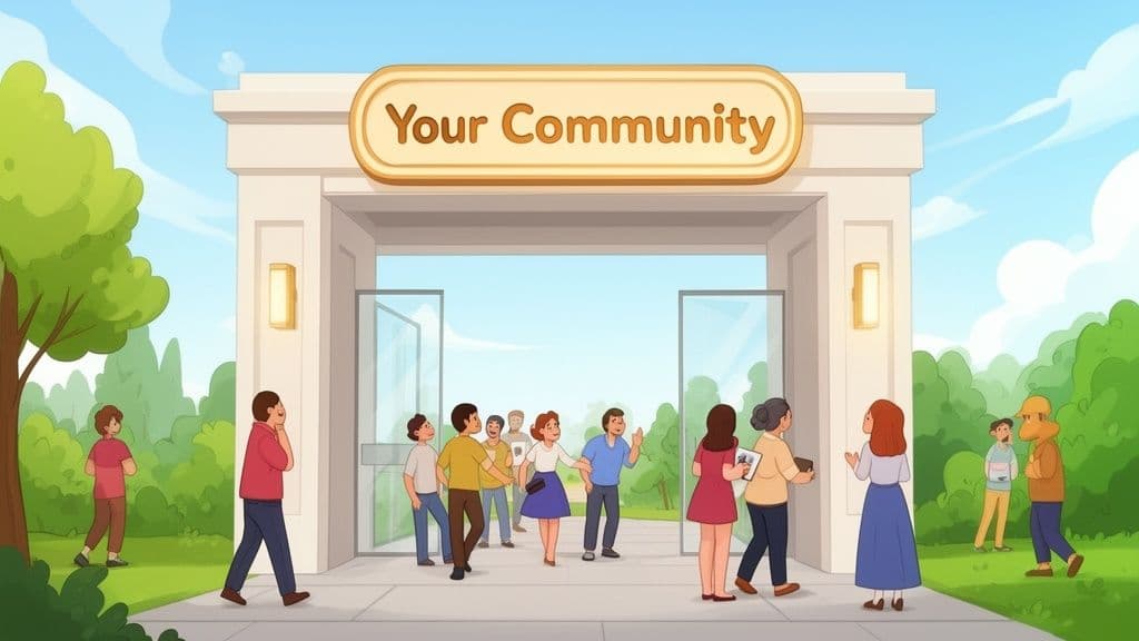 A diverse group of people gathering in front of a welcoming gateway labeled Your Community.