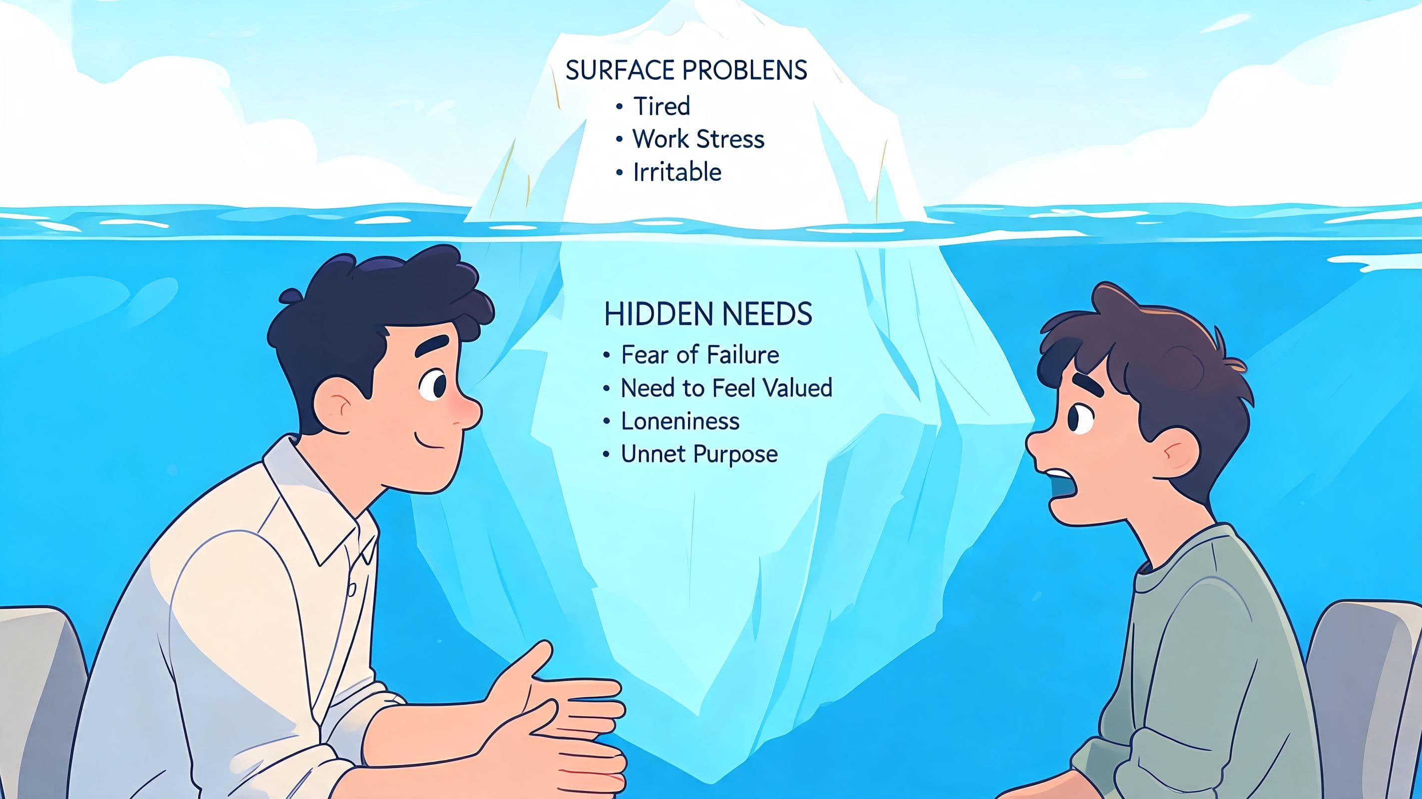 An iceberg graphic illustrating surface problems versus hidden emotional needs during a conversation between two people.
