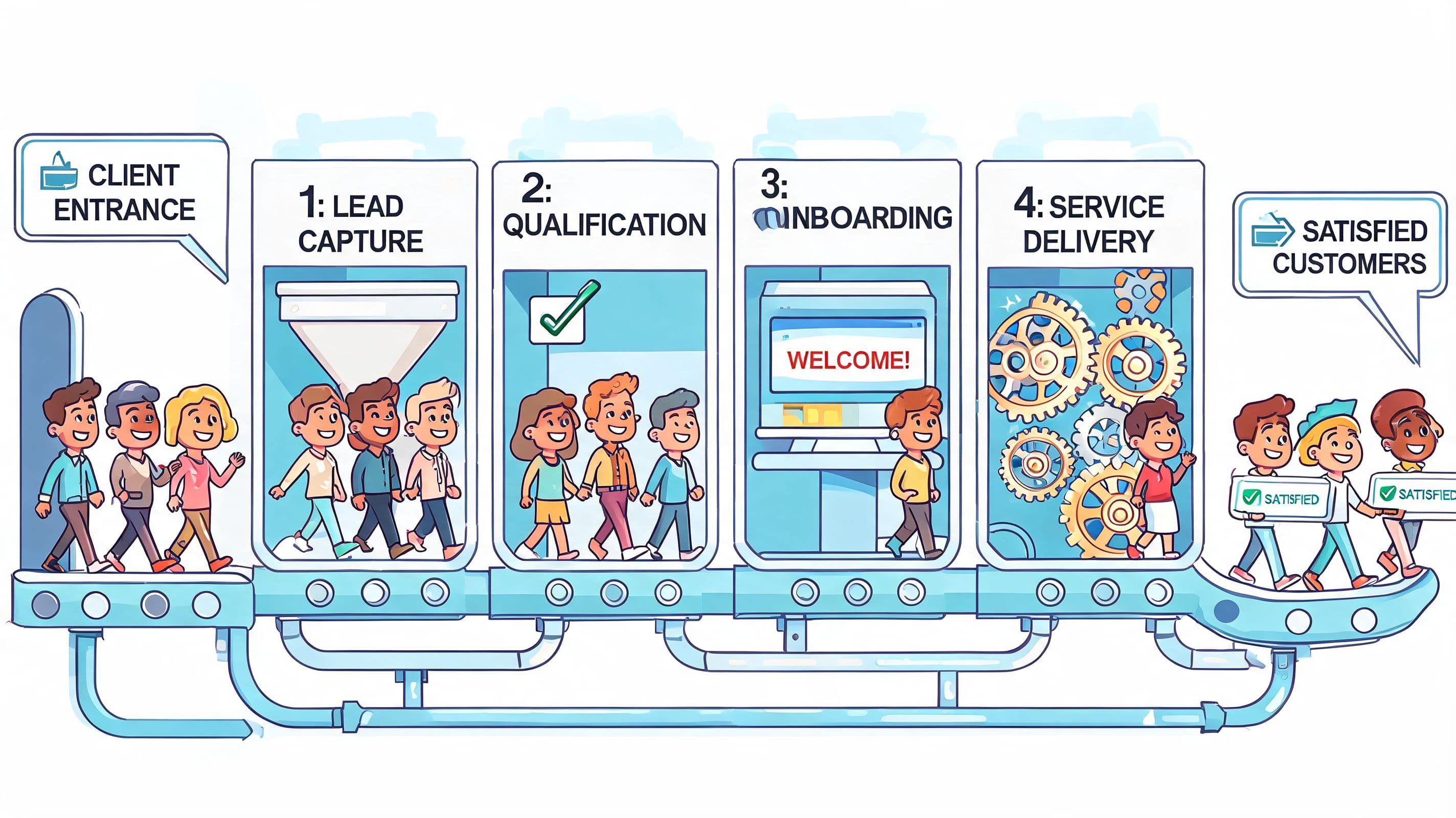 A diagram illustrating a four-step business process flow for turning client leads into satisfied customers.