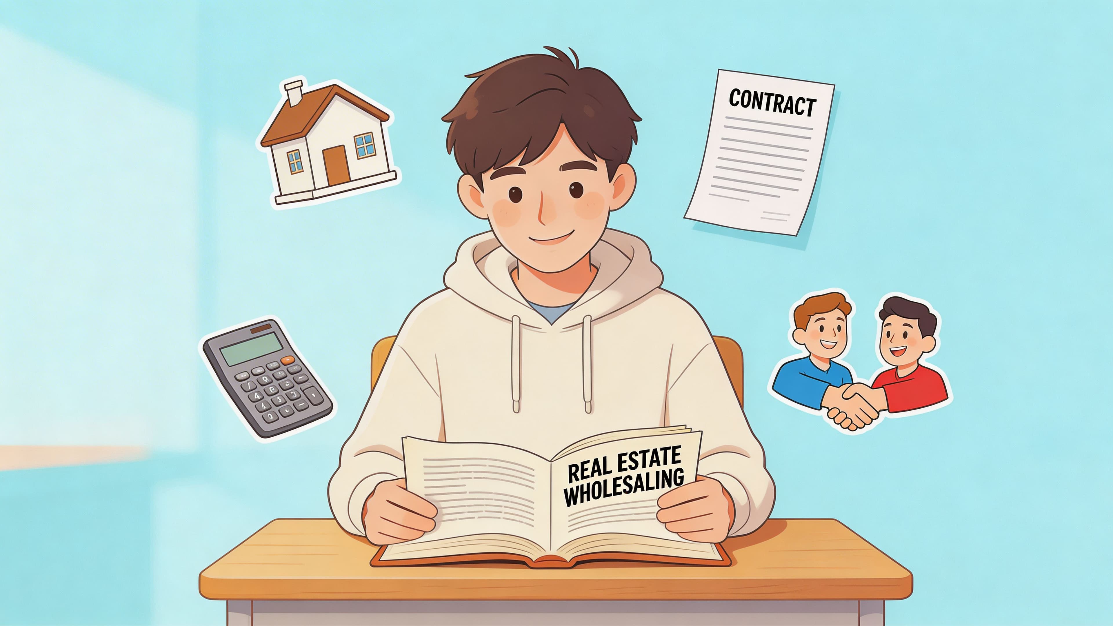 A young man sitting at a desk reading a book about real estate wholesaling with surrounding icons.