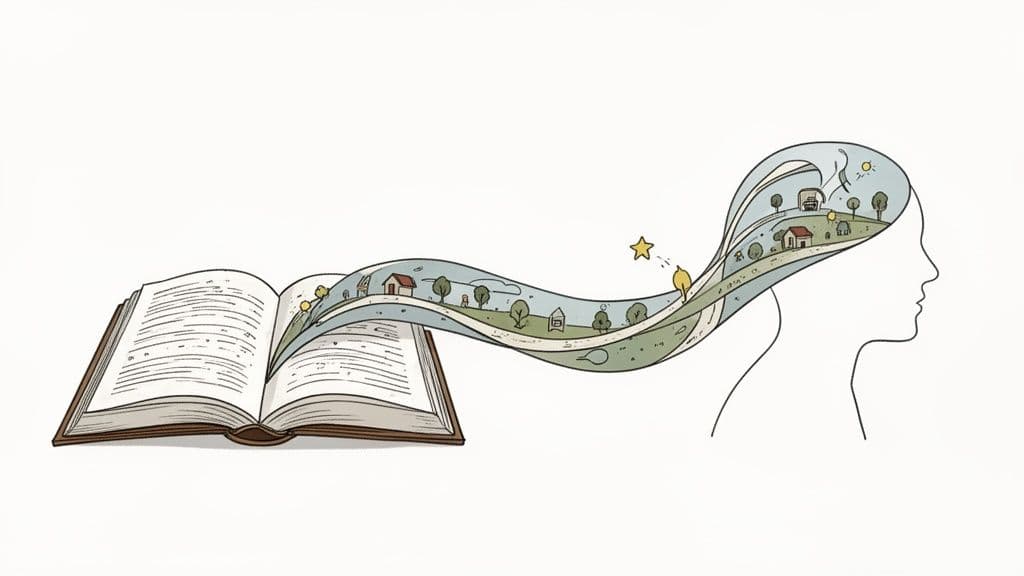 An open book reveals a flowing landscape of houses and trees filling a human head silhouette, symbolizing imagination.