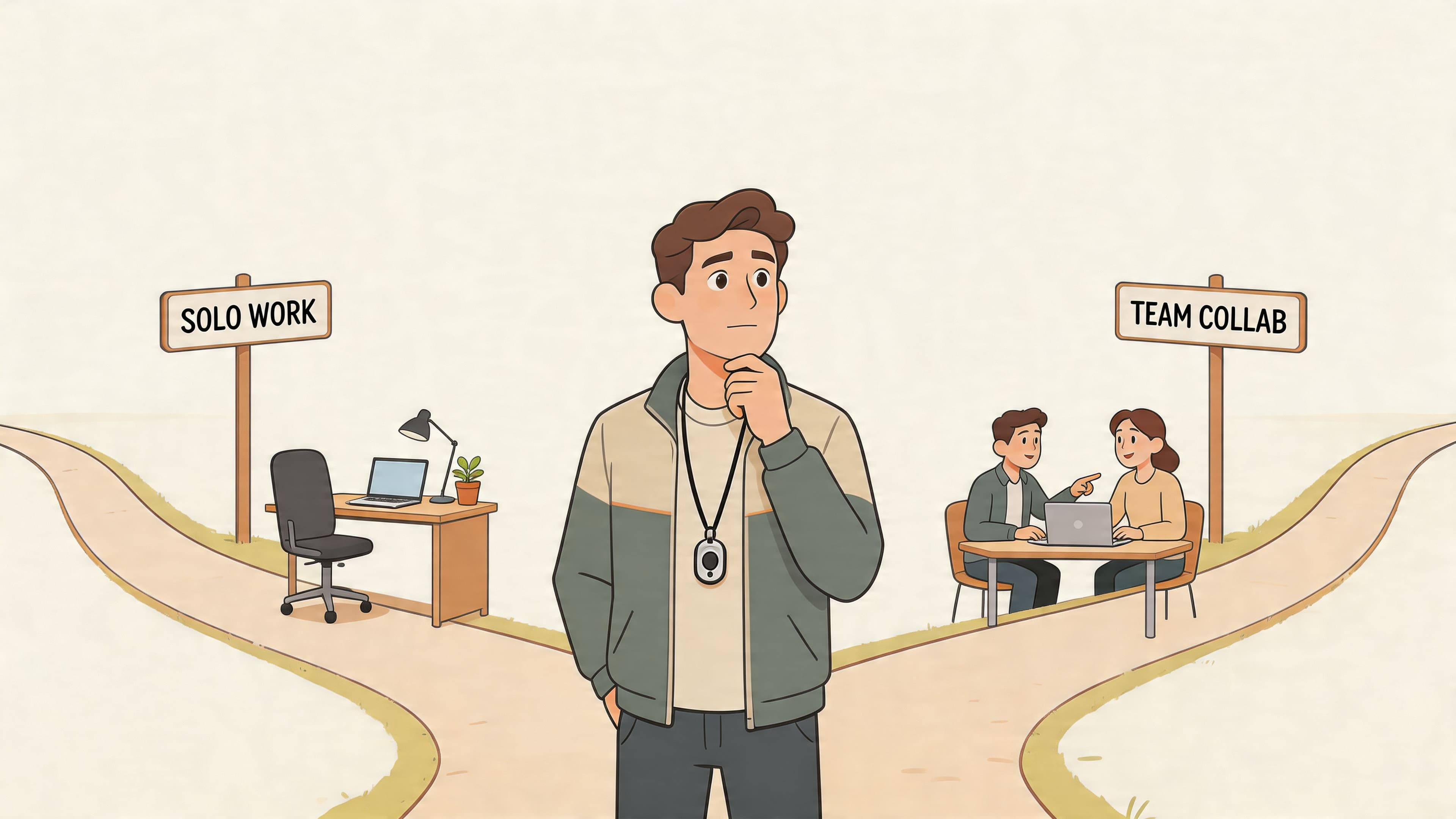 A person standing at a fork in the road choosing between solo work and team collaboration.