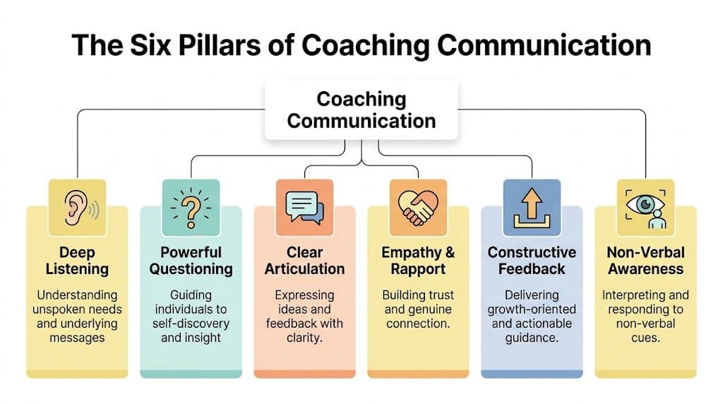 An infographic titled The Six Pillars of Coaching Communication displaying essential skills like listening and empathy.