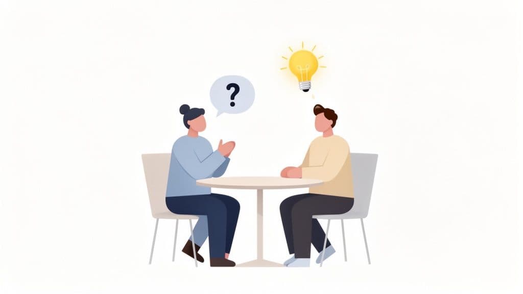 Two people discussing at a table, one asking a question, the other having an idea.