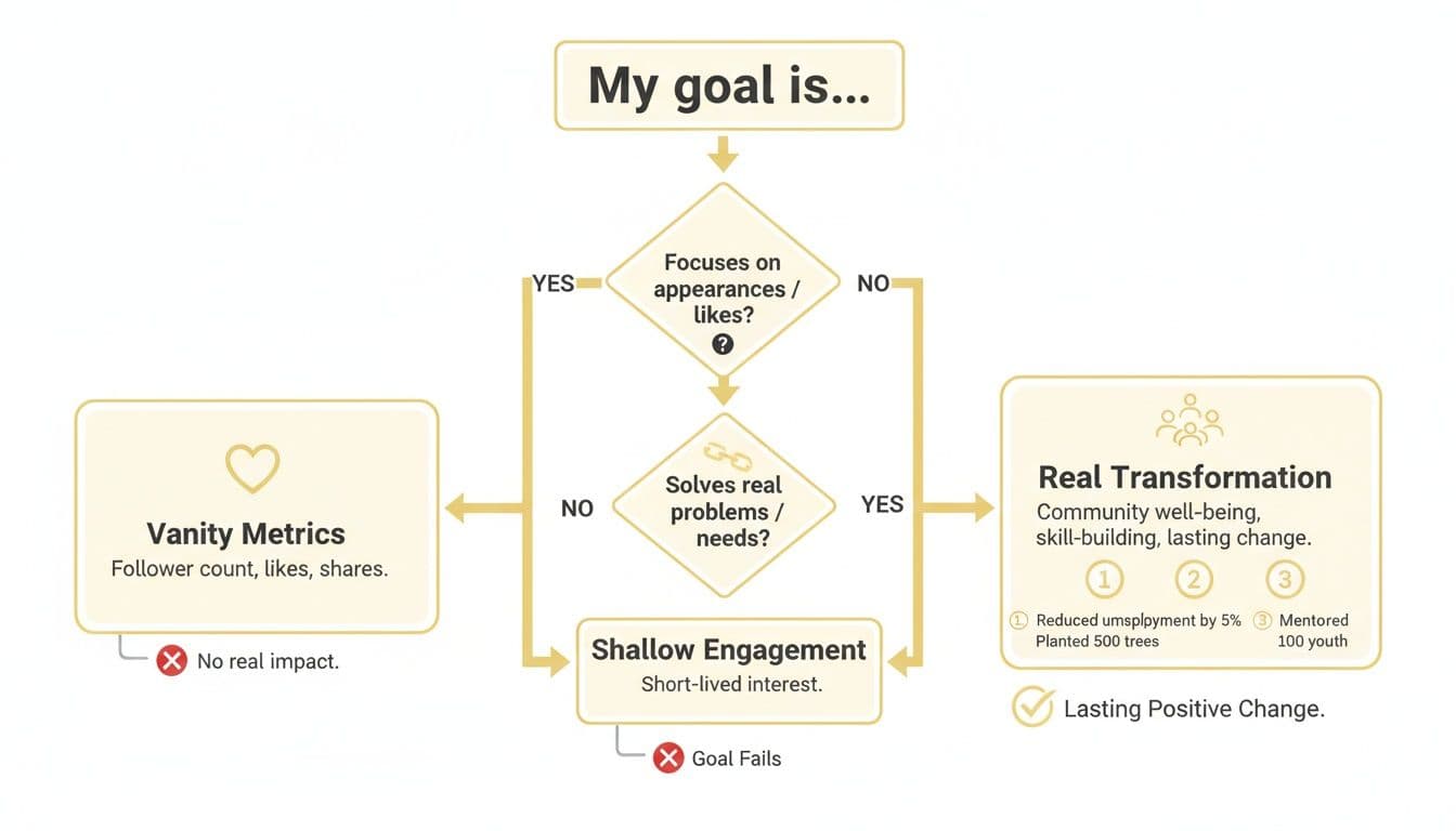 A goal-setting flowchart differentiating vanity metrics, shallow engagement, and real, lasting positive change.