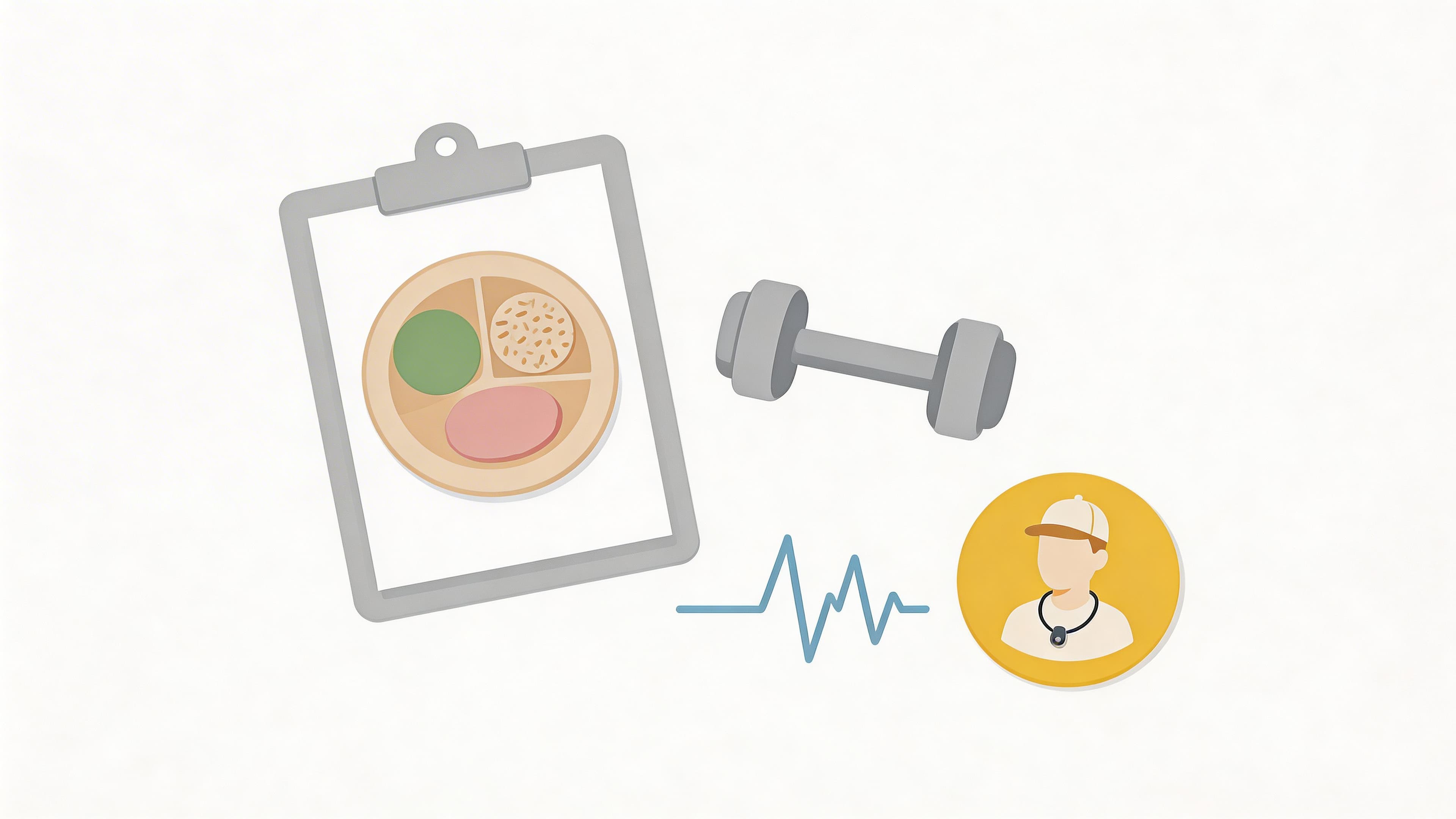 A clipboard with a healthy meal plate illustration next to a dumbbell, heartbeat line, and coach icon.