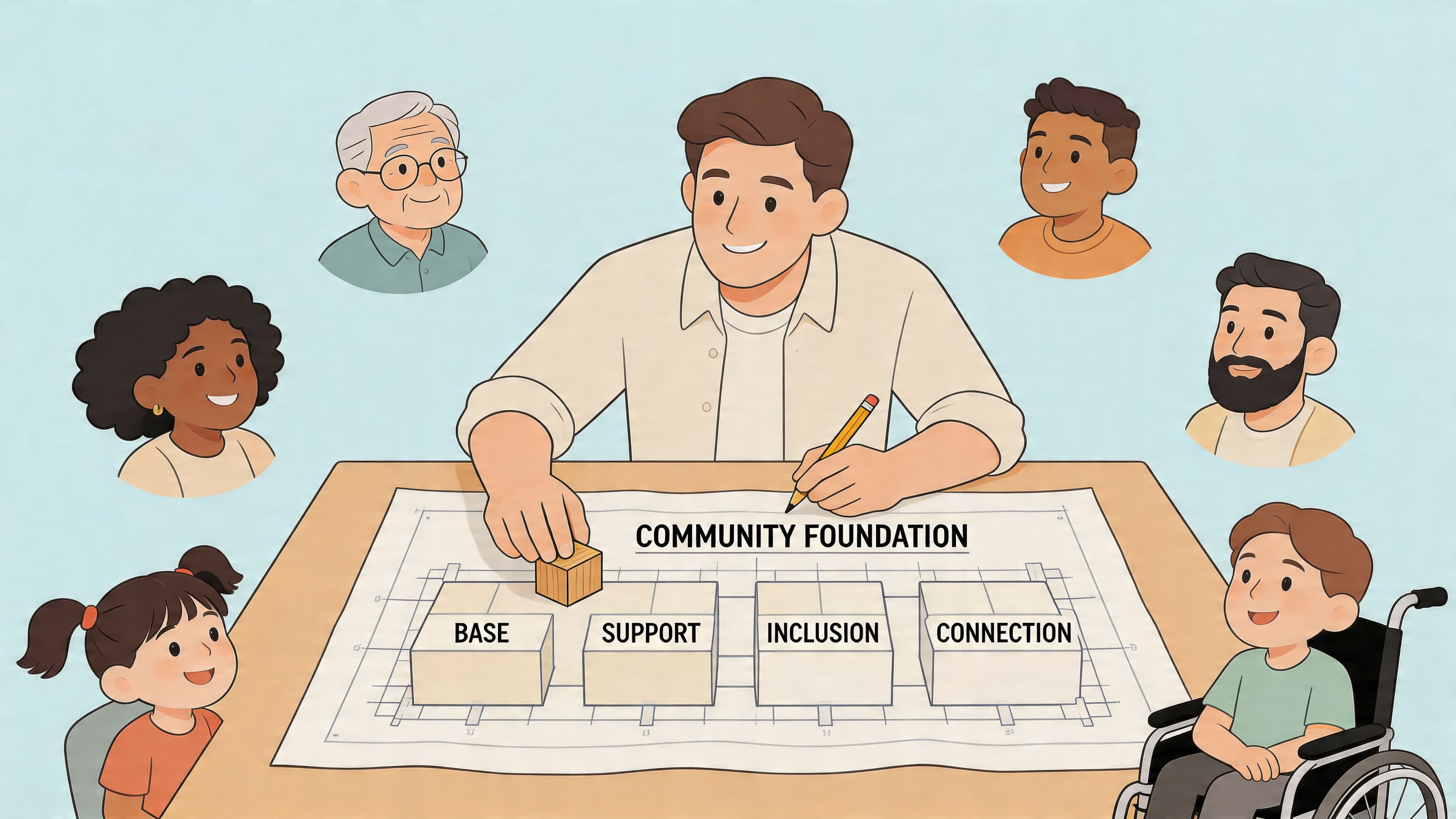 A person plans a community project with a blueprint, surrounded by diverse people representing an inclusive community.