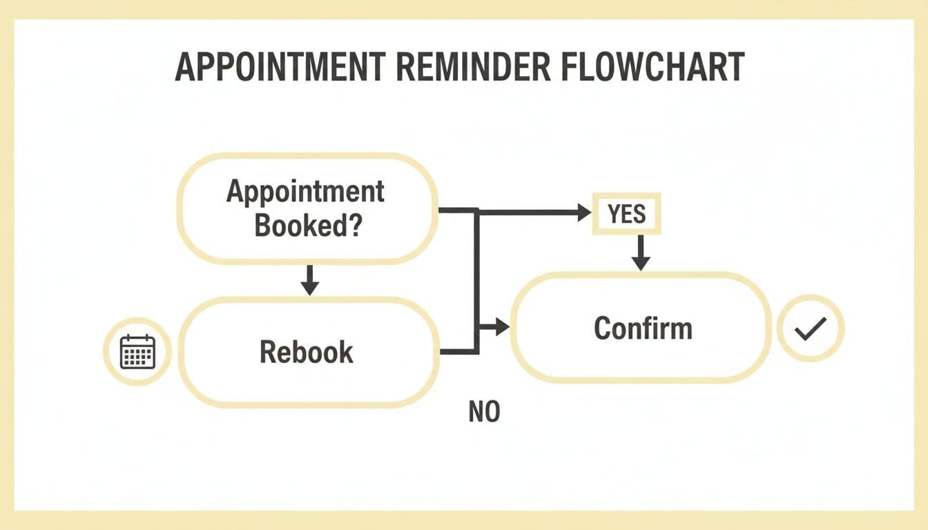 A simple flowchart illustrating the appointment reminder process, including booking, rebooking, and confirmation steps.