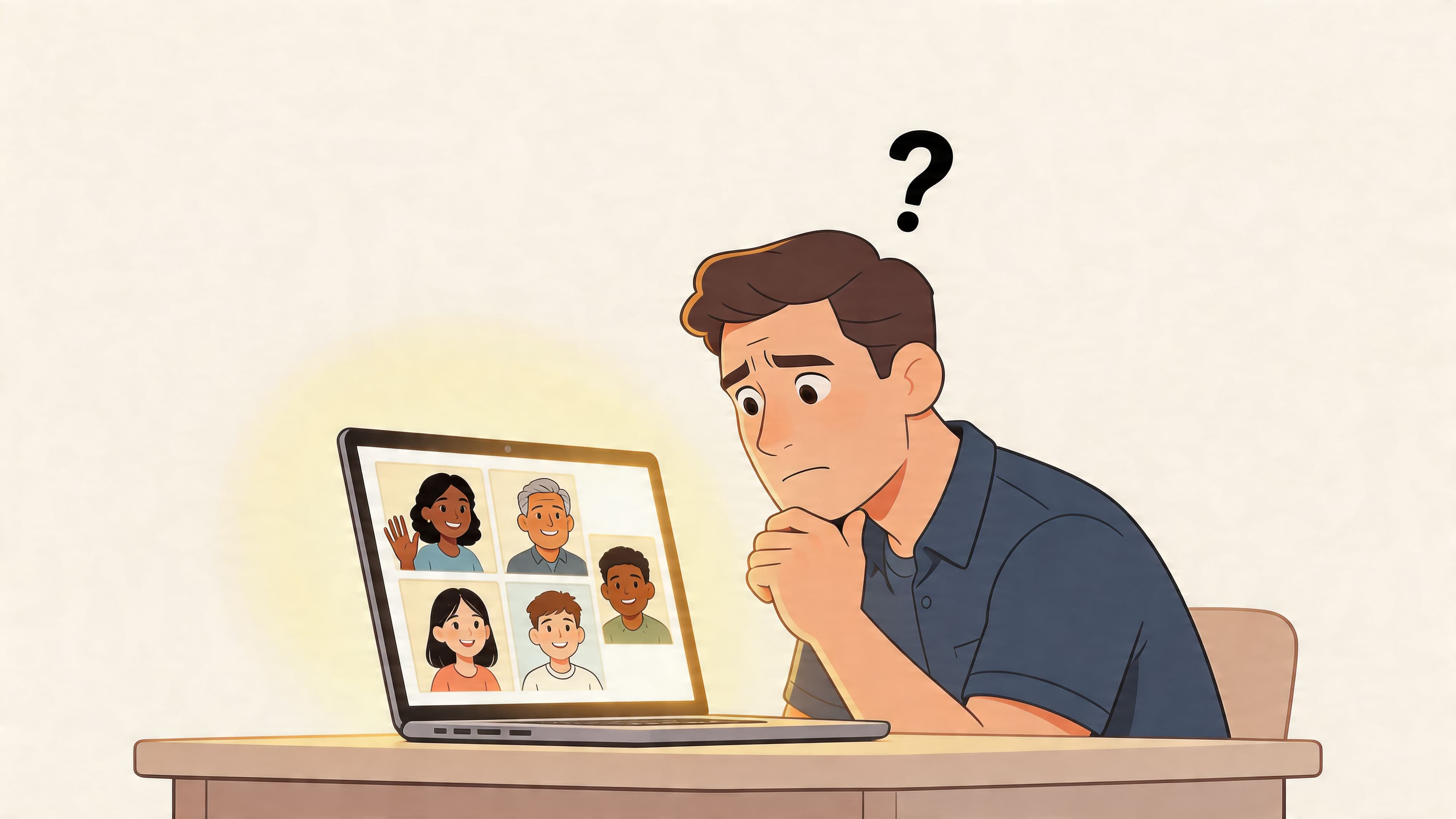 A confused man staring at a laptop screen showing a virtual meeting with five other people.