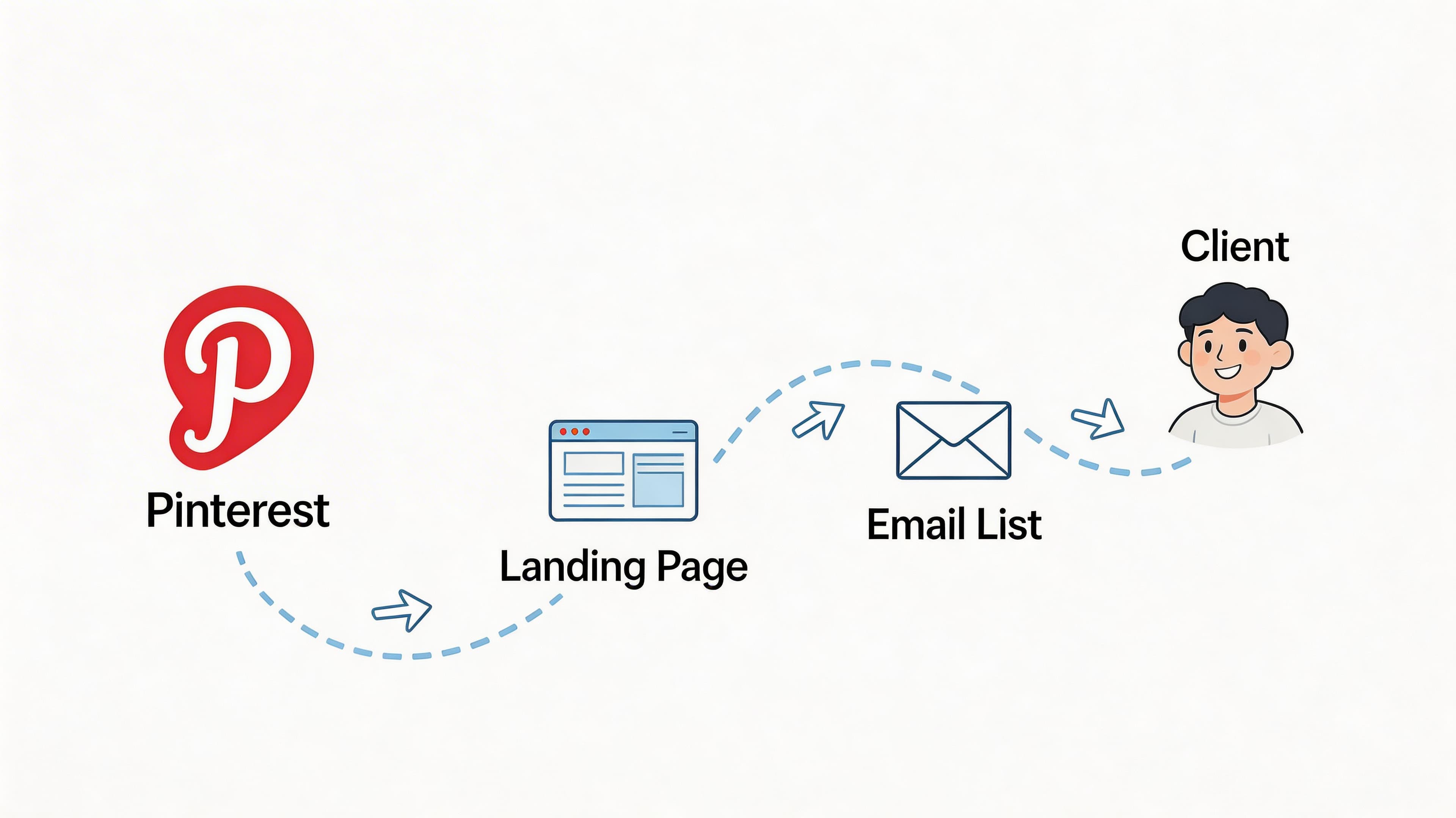 A diagram showing a marketing funnel from Pinterest to a landing page, email list, and finally a client.