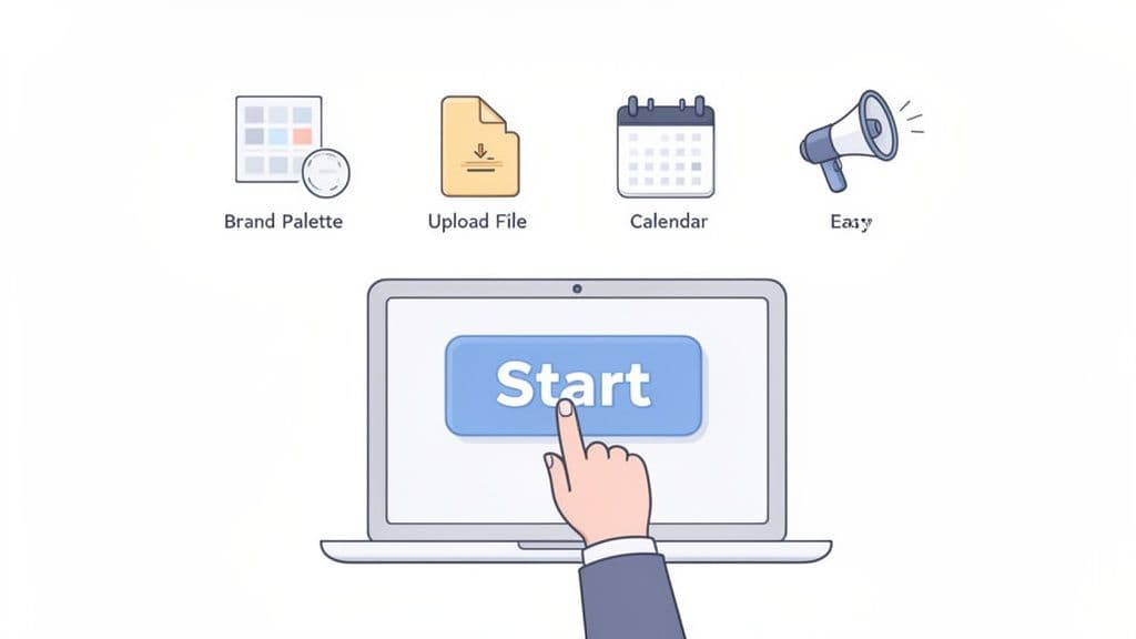 A hand clicks the 'Start' button on a laptop screen, surrounded by icons for brand palette, upload file, calendar, and easy.