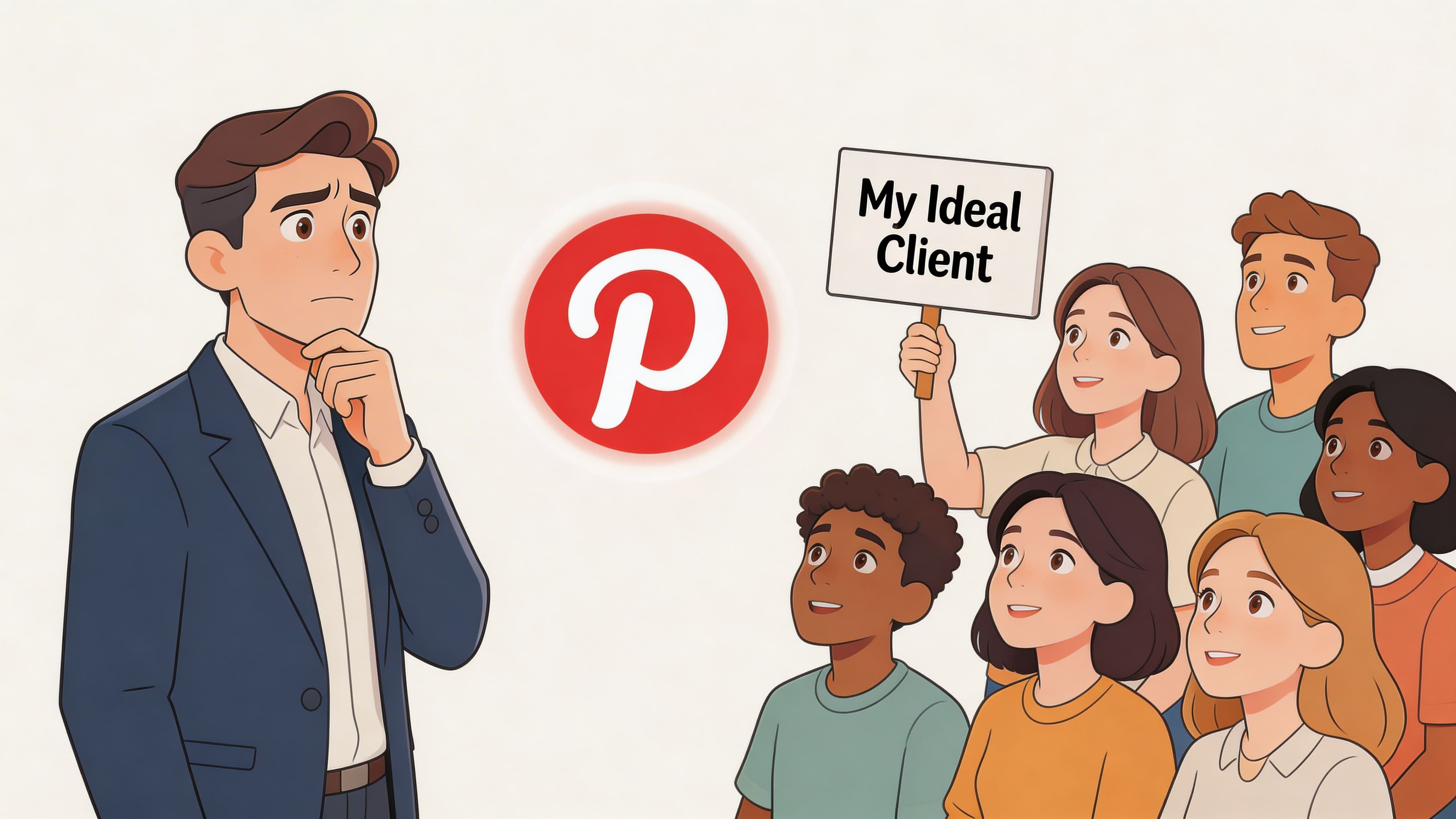 A professional man pondering his Pinterest strategy while a diverse group of people identifies themselves as ideal clients.