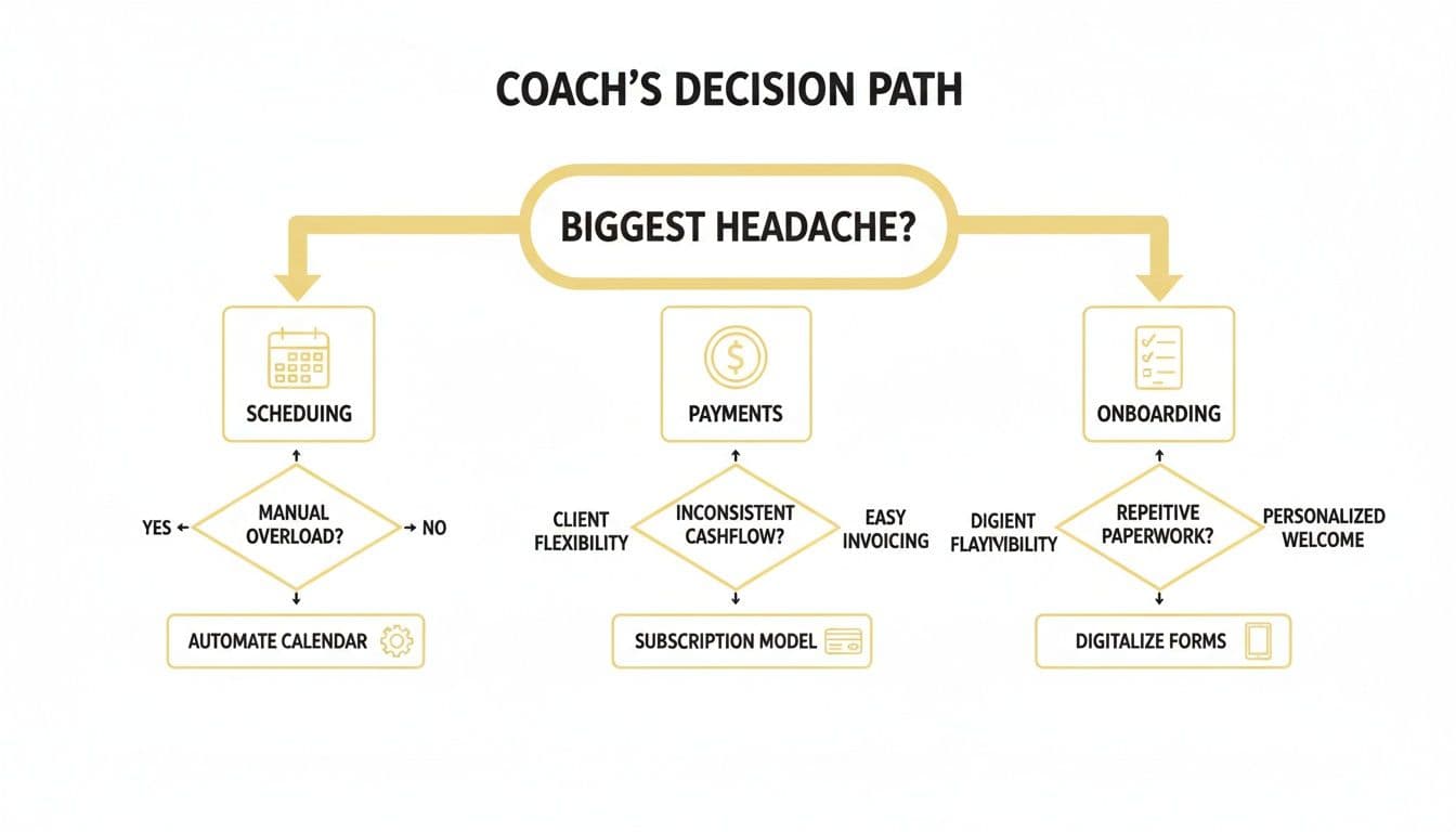 A flowchart outlining a coach's decision path for biggest headaches: scheduling, payments, and onboarding solutions.