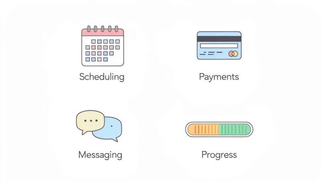 Four icons representing scheduling, payments, messaging, and progress tracking features on a white background.