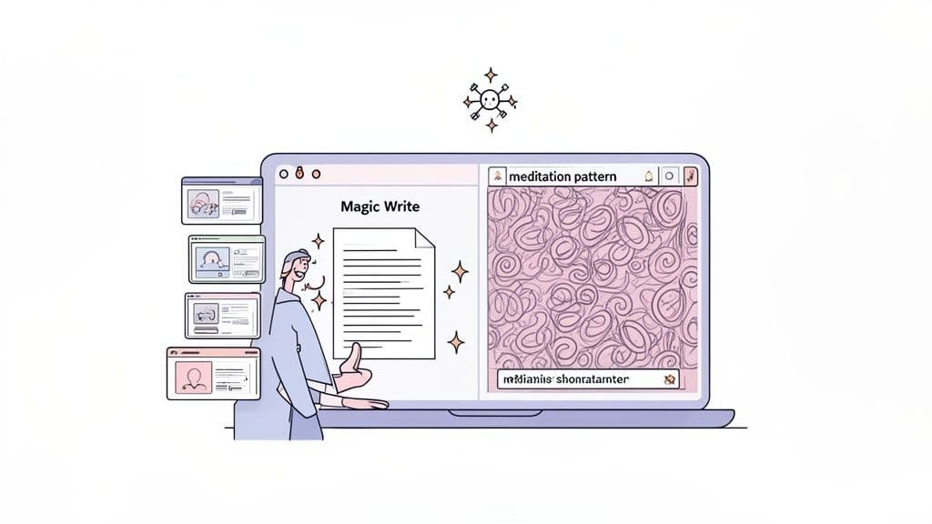 A person smiles while using a laptop displaying 'Magic Write' software and a 'meditation pattern' design.
