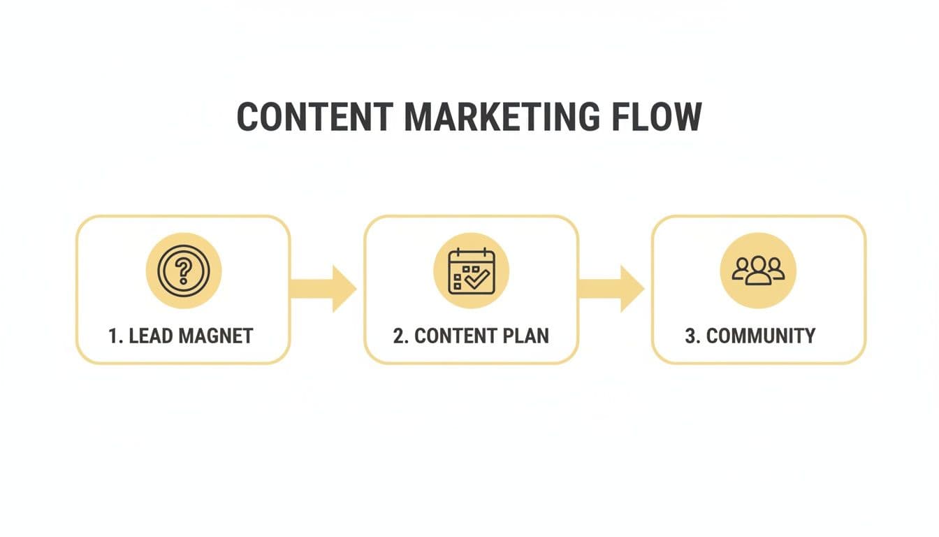 Diagram illustrating the content marketing process: lead magnet, content plan, and community building.
