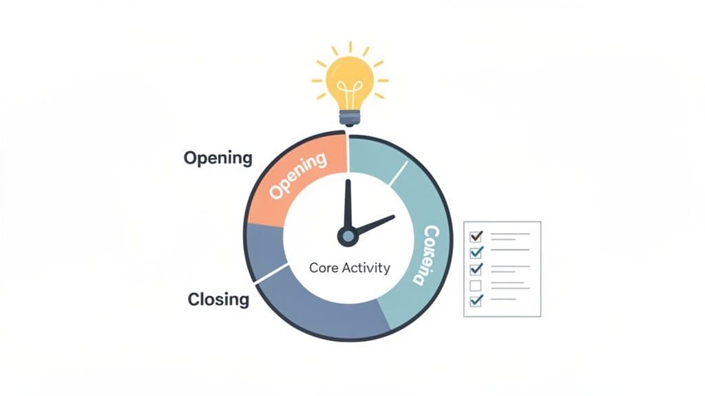 Circular diagram showing process phases: Opening, Core Activity, Cokeina, Closing, with a lightbulb and checklist.