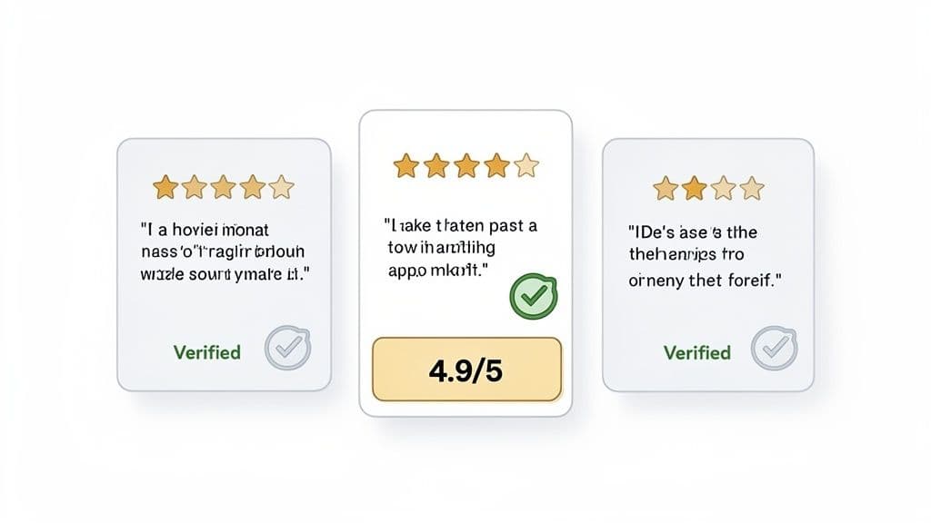 Three product review cards displaying star ratings, customer testimonials, and verified status.