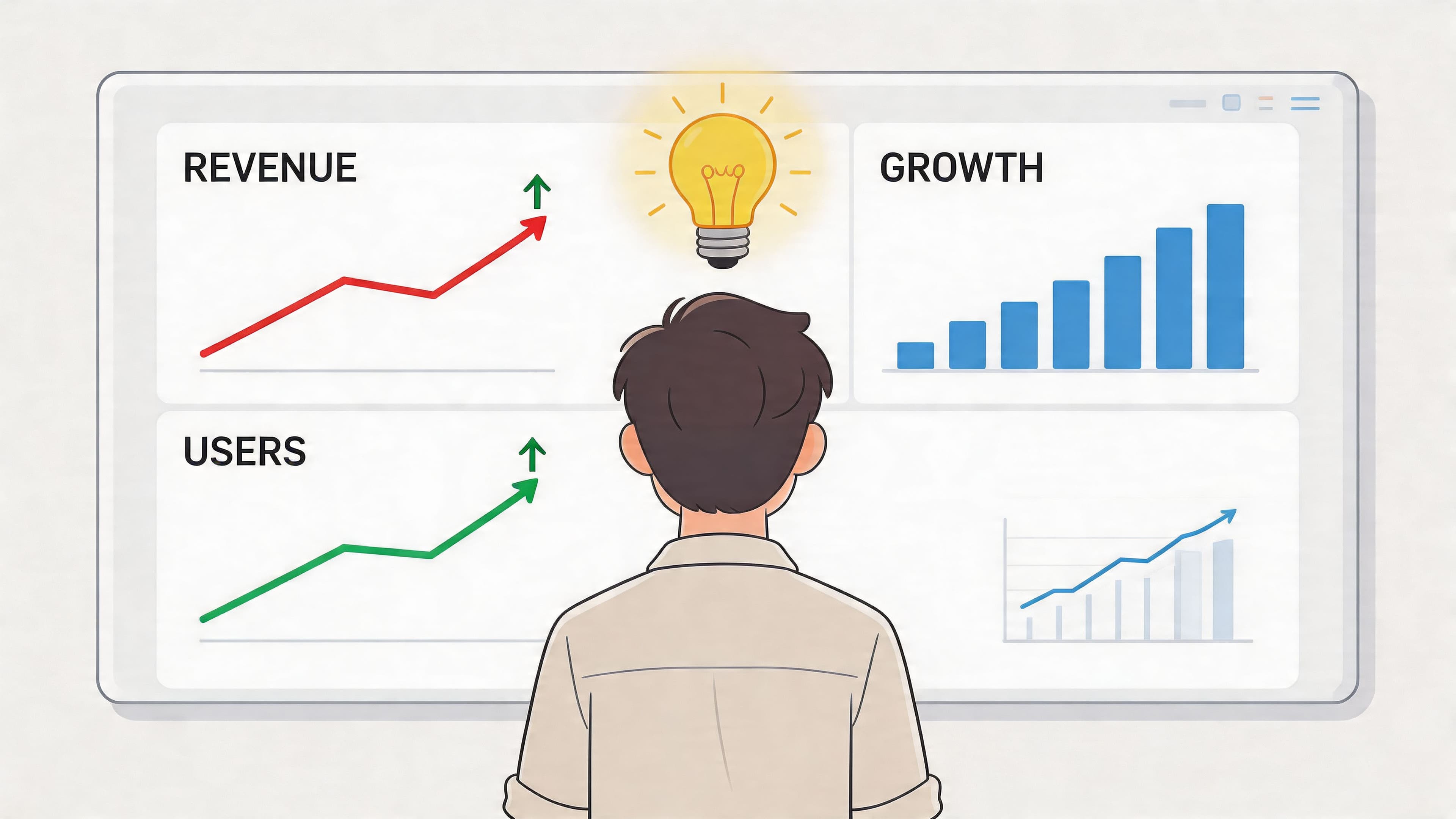 A person looking at a digital dashboard displaying positive growth trends in revenue and user metrics.