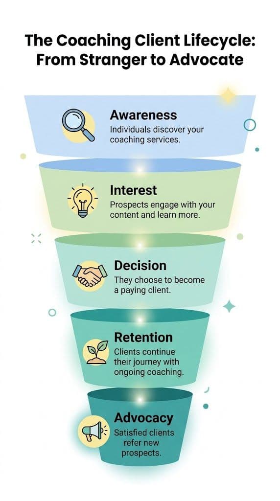A funnel diagram illustrating the coaching client lifecycle from initial awareness to final advocacy stages.