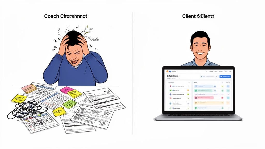 Overwhelmed coach struggling with paperwork contrasts with a happy client using efficient management software.
