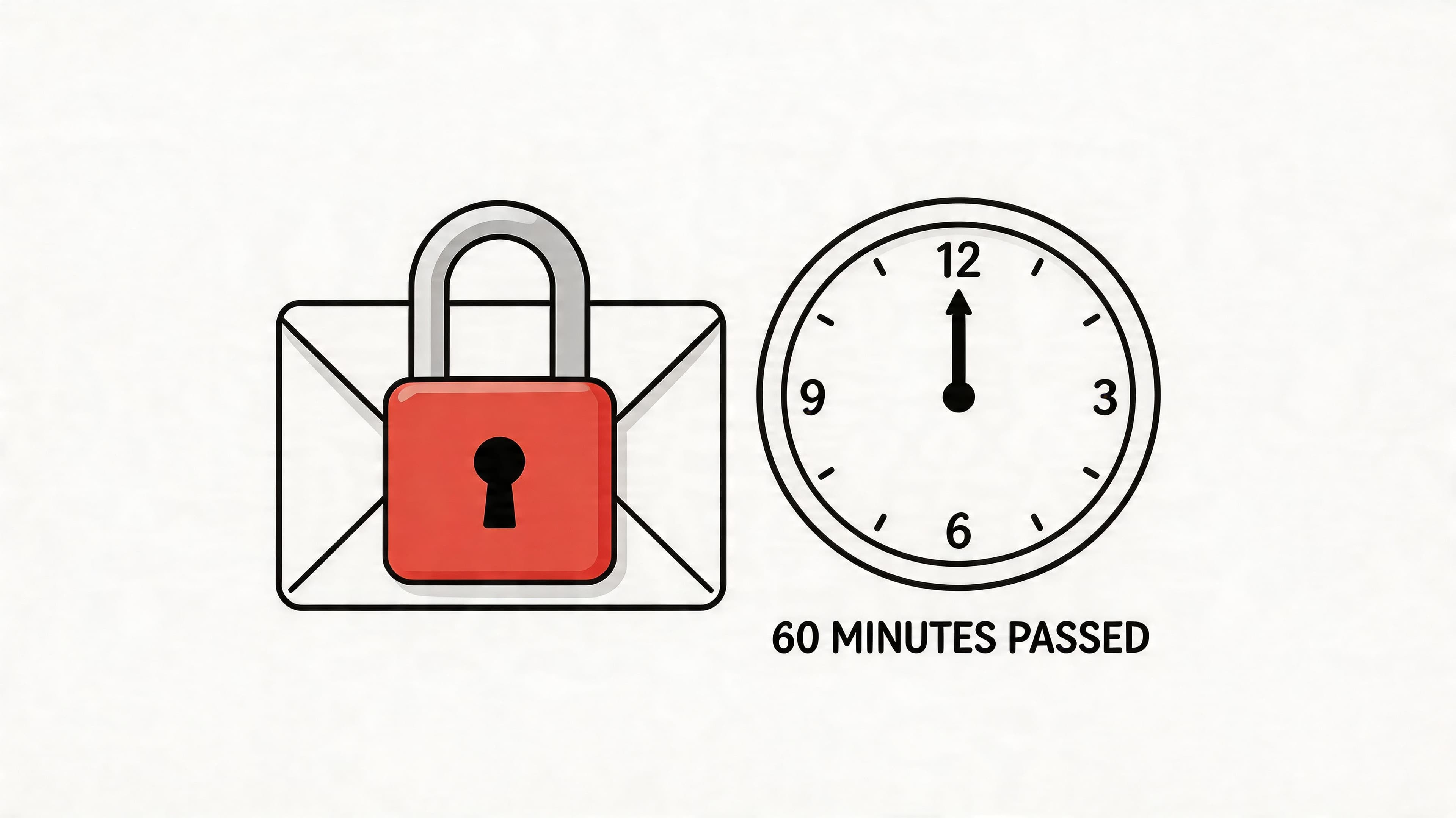 A digital illustration showing a locked envelope next to a clock representing sixty minutes passing by.