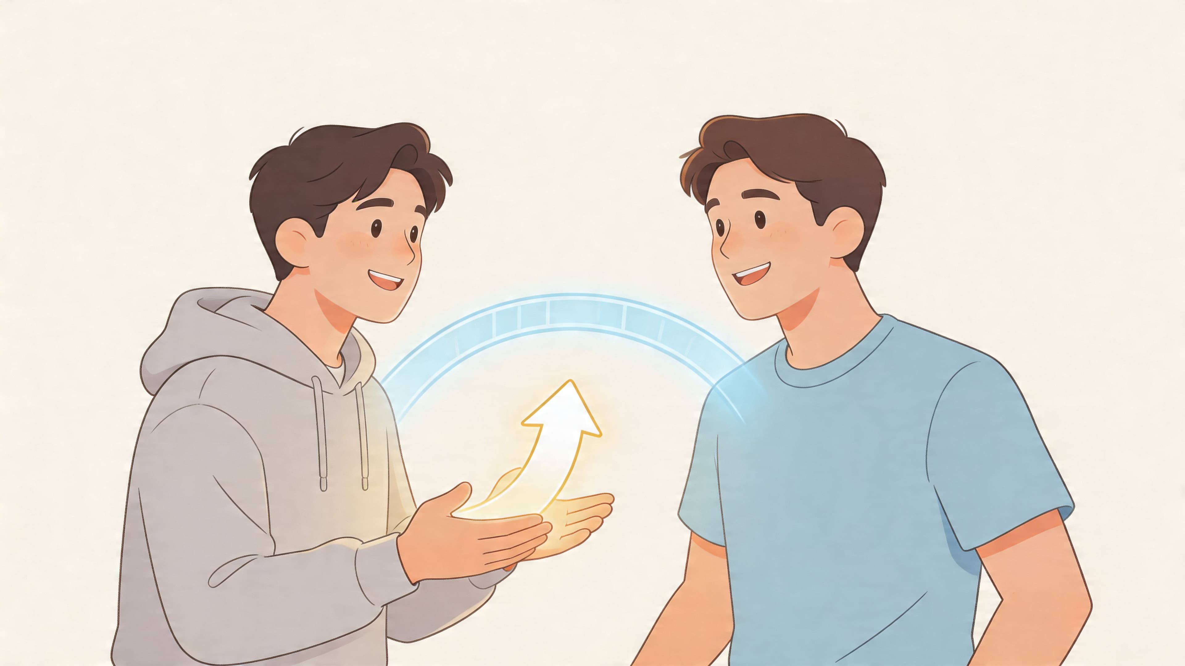Two young men interacting positively as one presents a glowing growth arrow icon, symbolizing effective interpersonal communication.