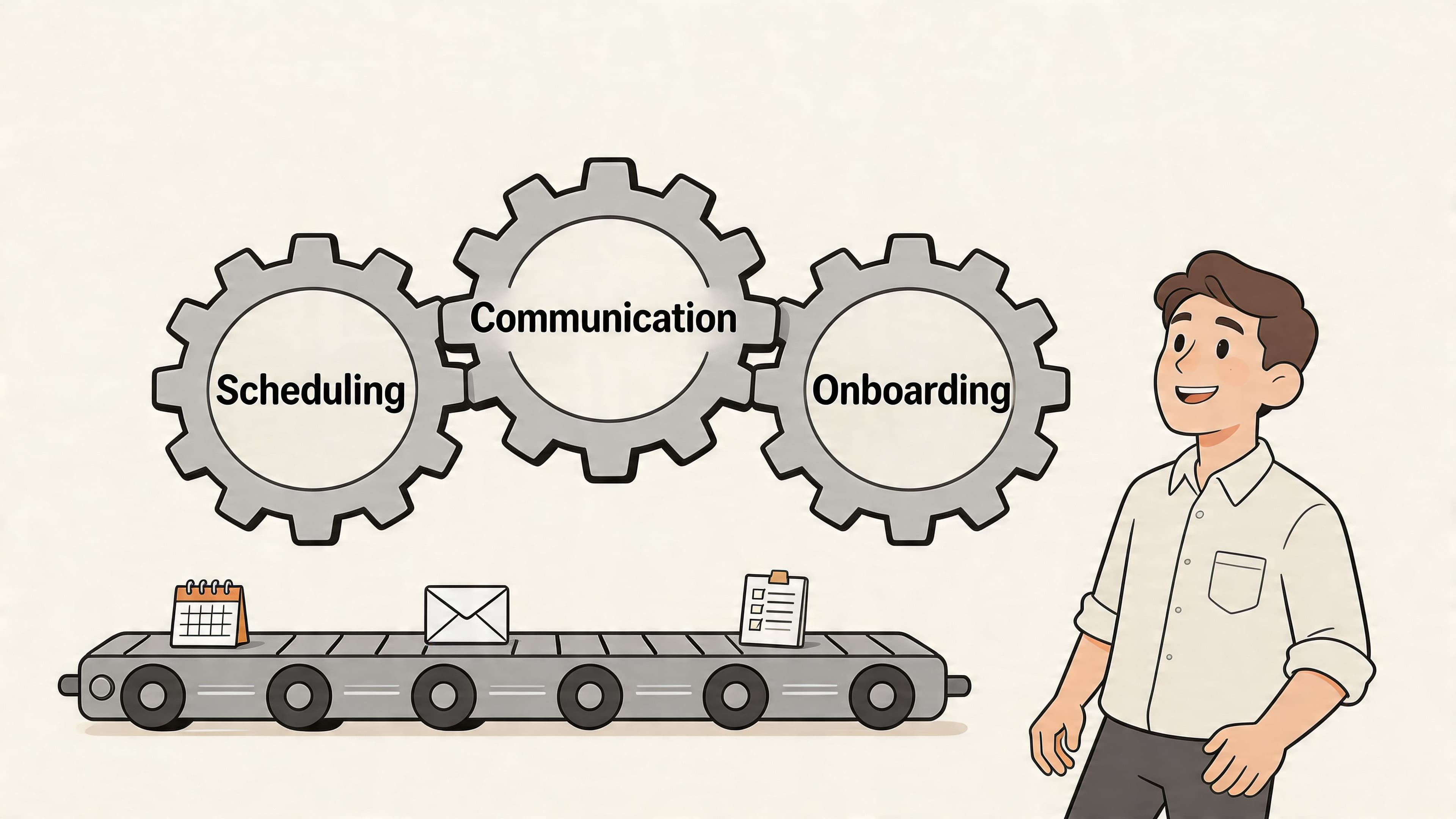 A professional man standing next to a graphic showing three connected gears labeled scheduling, communication, and onboarding.