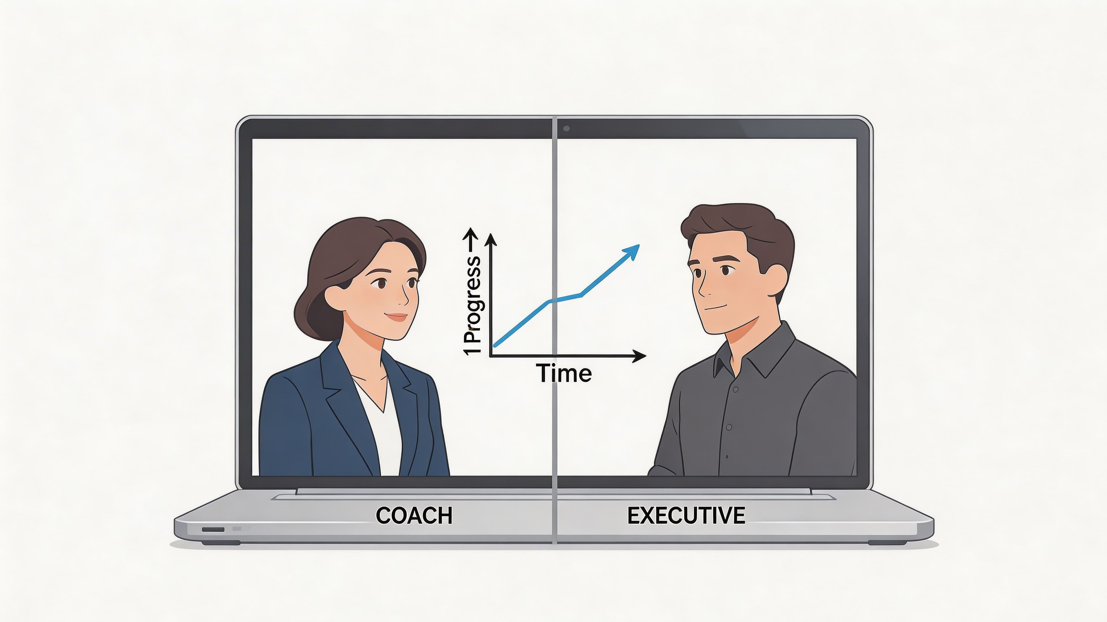 A digital illustration of a coach and executive having an online meeting displaying a progress chart.