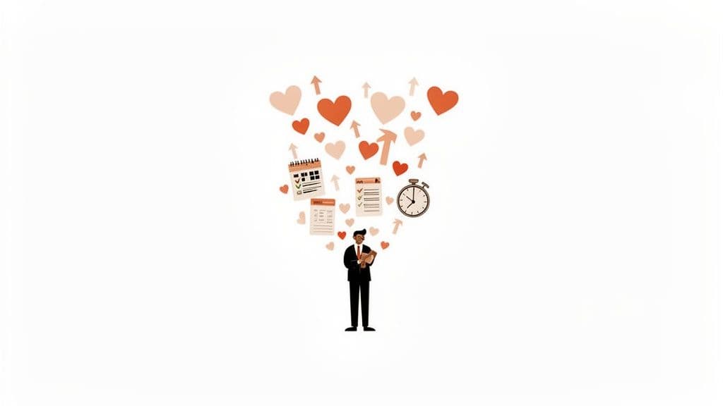 A man in a suit with hearts, arrows, a calendar, a checklist, and a stopwatch floating above him, representing the balance between passion and productivity.