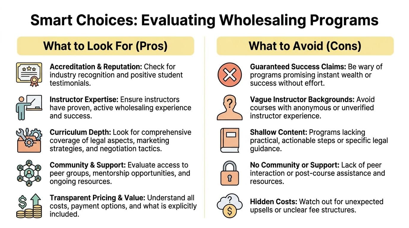 An infographic titled Smart Choices: Evaluating Wholesaling Programs, comparing pros and cons for choosing real estate education.