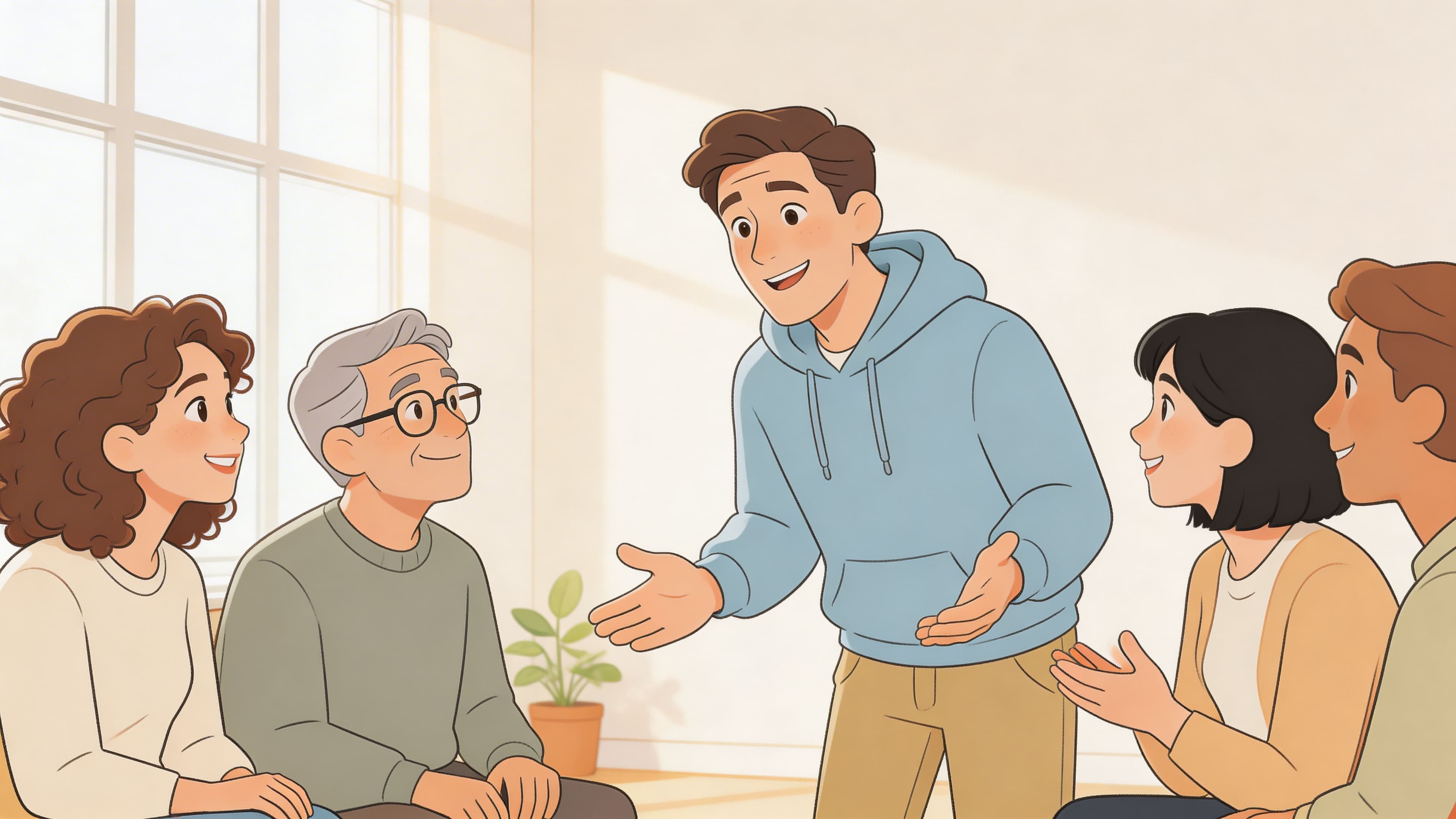 A diverse group of people sitting in a circle listening to a man speaking in a meeting.