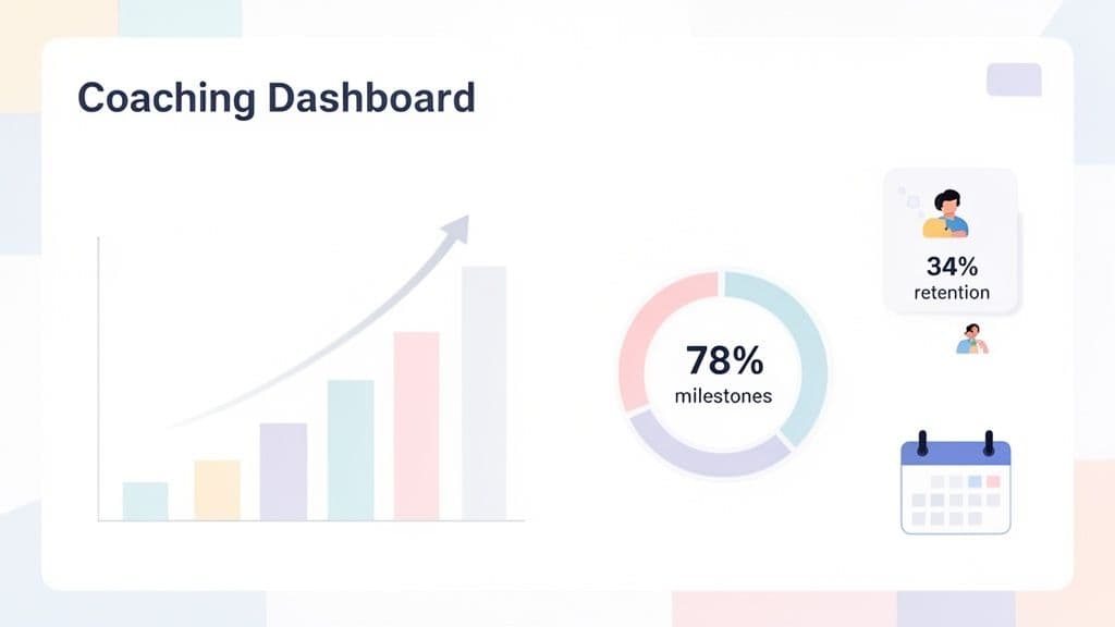A clean coaching dashboard featuring a bar chart, a donut chart for milestones, and retention data.