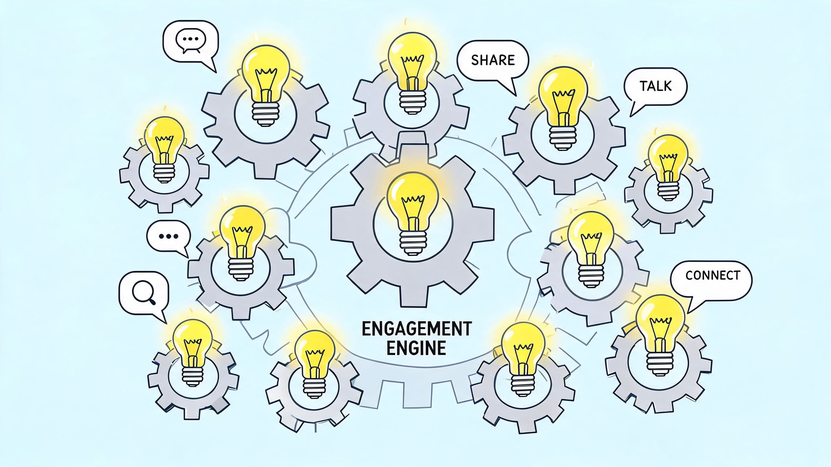A digital illustration showing a central gear labeled Engagement Engine surrounded by interconnected gears with light bulbs.