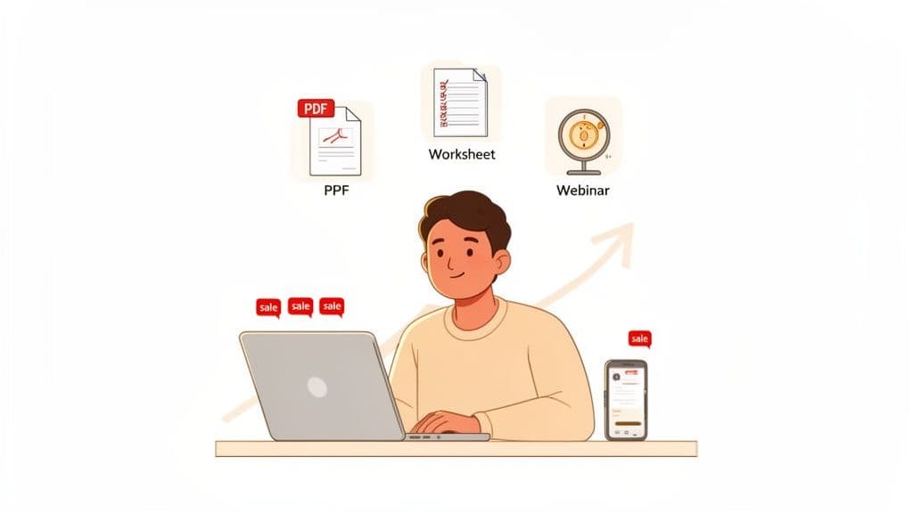 A man sells digital products like PDFs, worksheets, and webinars online from his laptop, indicating sales growth.