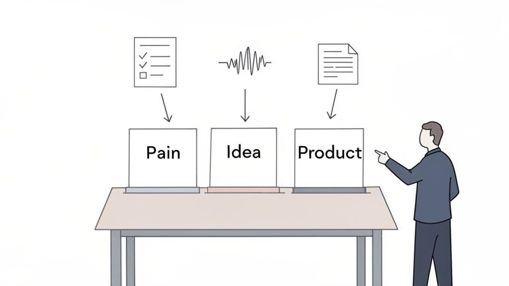 An illustration shows 'Pain', 'Idea', 'Product' concepts on a table, with a person pointing.