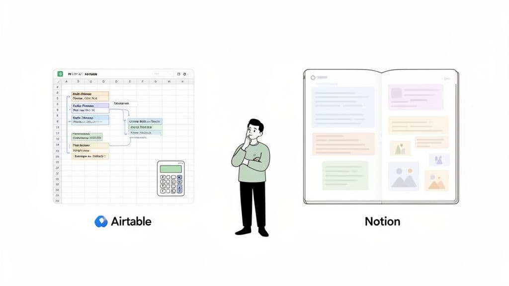 Cartoon man decides between Airtable spreadsheet interface and Notion's versatile page layout for work.