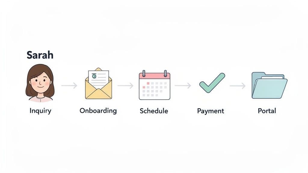 A flowchart showing client Sarah's journey: Inquiry, Onboarding, Schedule, Payment, and Portal.
