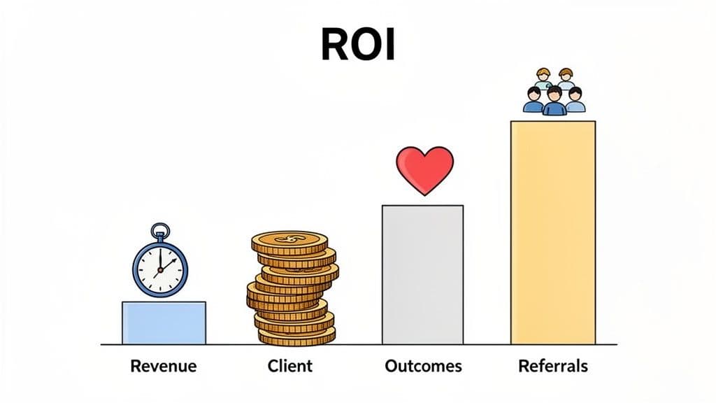 An ROI chart showing increasing value from revenue, client, outcomes, to referrals with icons.