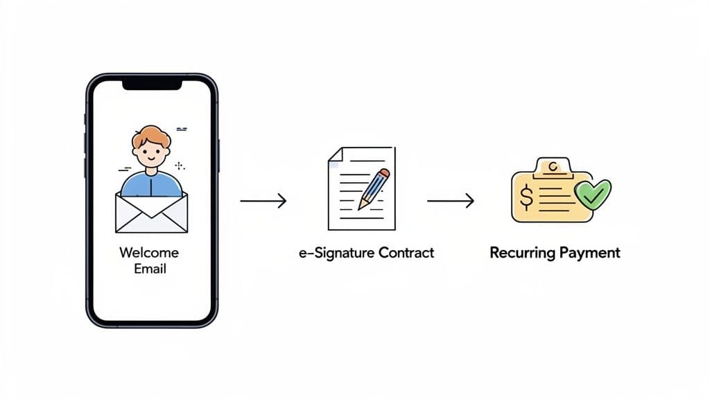 Digital workflow showing a welcome email on a phone, e-signature contract, and recurring payment setup.
