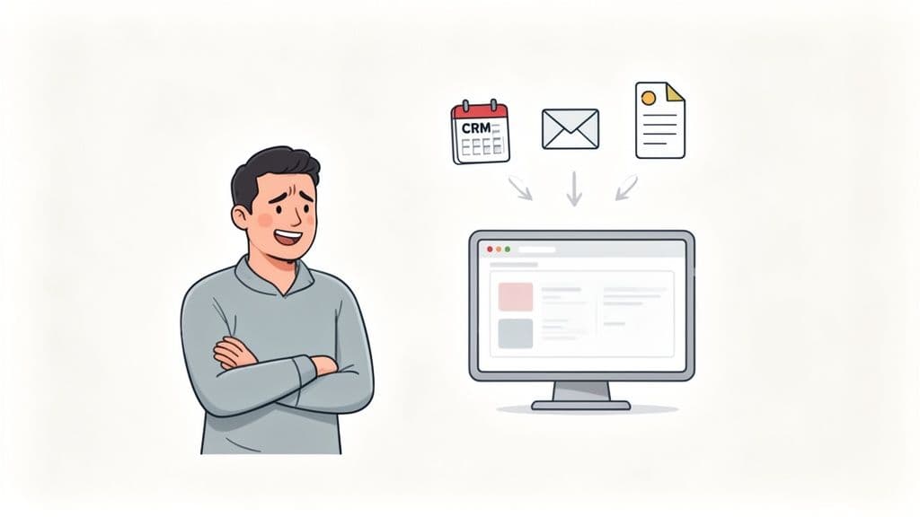 Illustration of a man smiling as CRM, email, and document data integrates into a computer screen.