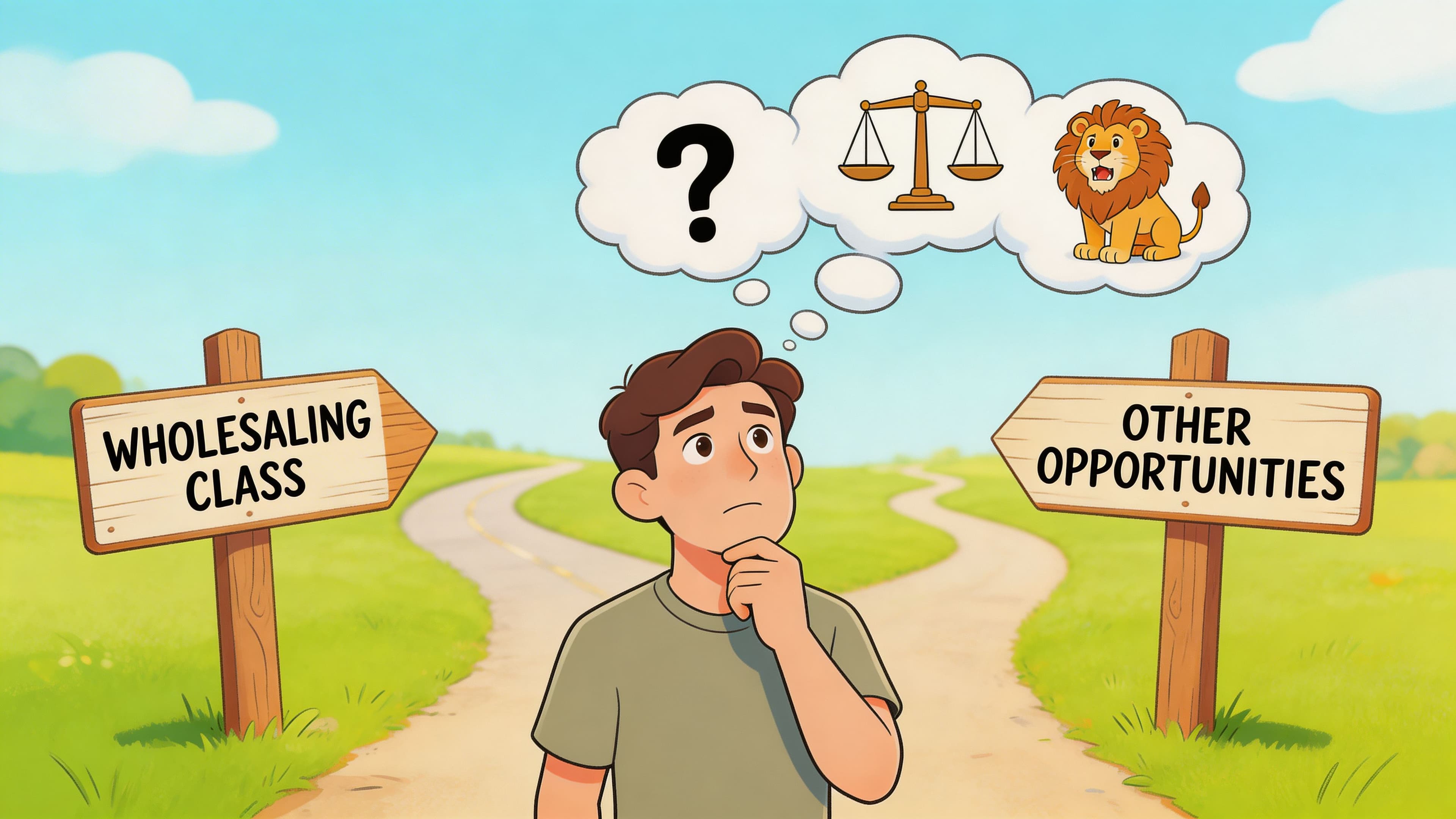 A young man standing at a fork in the road considering real estate wholesaling classes versus opportunities.