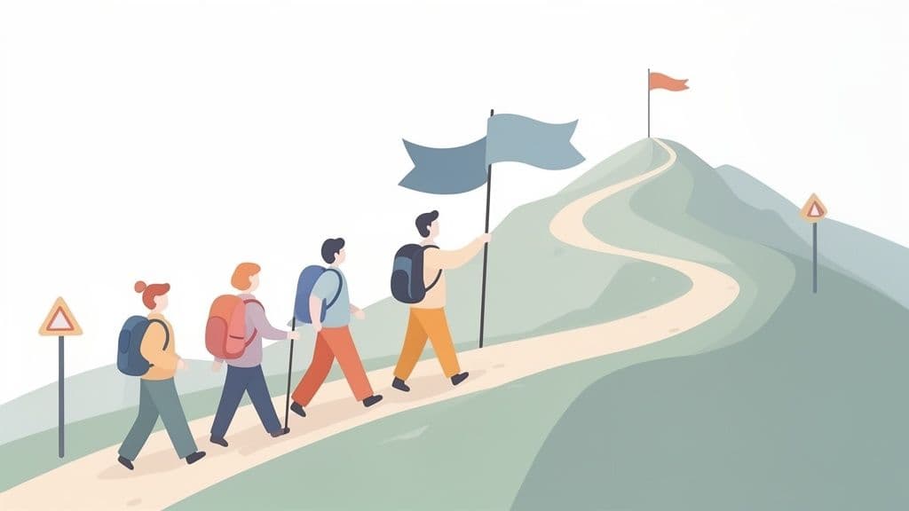 Four people with backpacks hike up a winding mountain path towards flags, symbolizing a shared journey and goals.