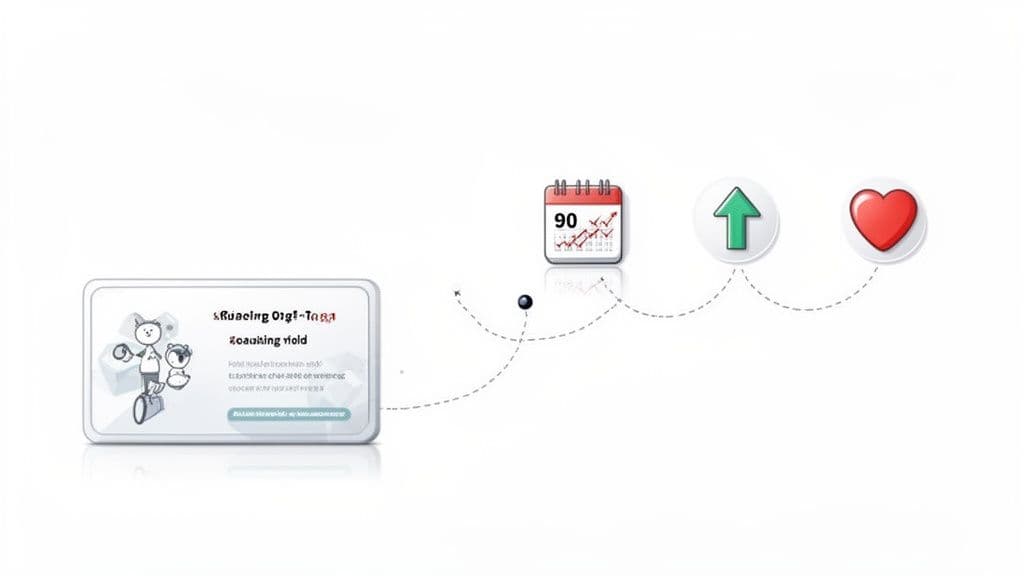A graphic depicting a coaching journey with a calendar, upward arrow, and heart icons.