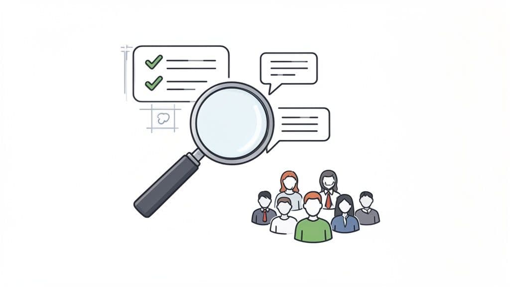Magnifying glass analyzing a checklist, speech bubbles, and a group of diverse people, representing market research.