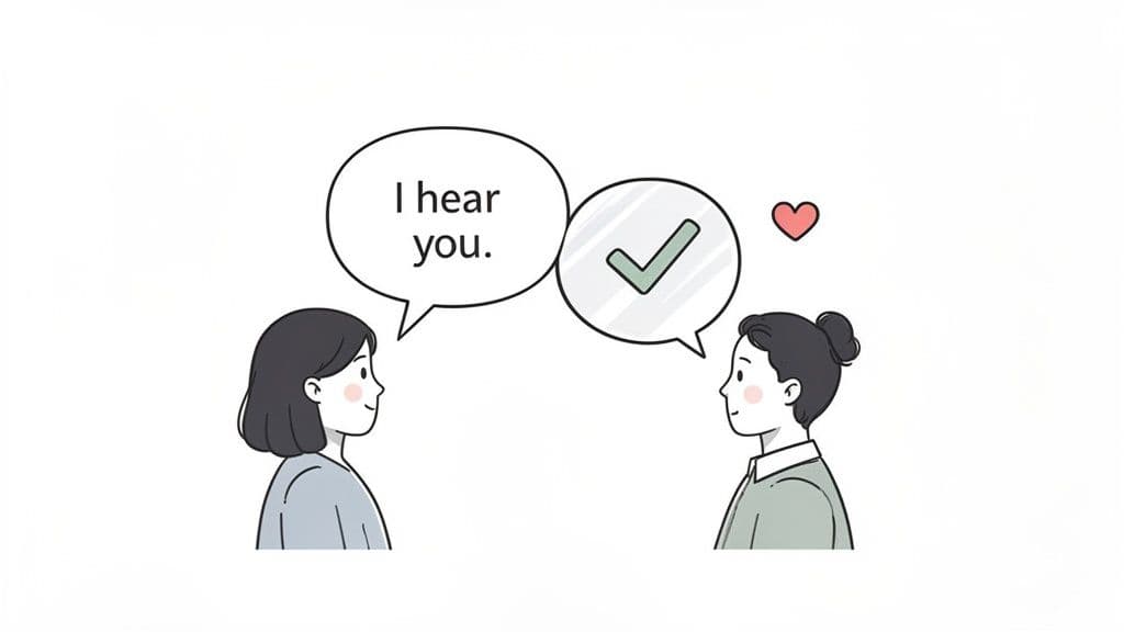 Two people communicate: one says 'I hear you,' the other responds with a checkmark and heart.