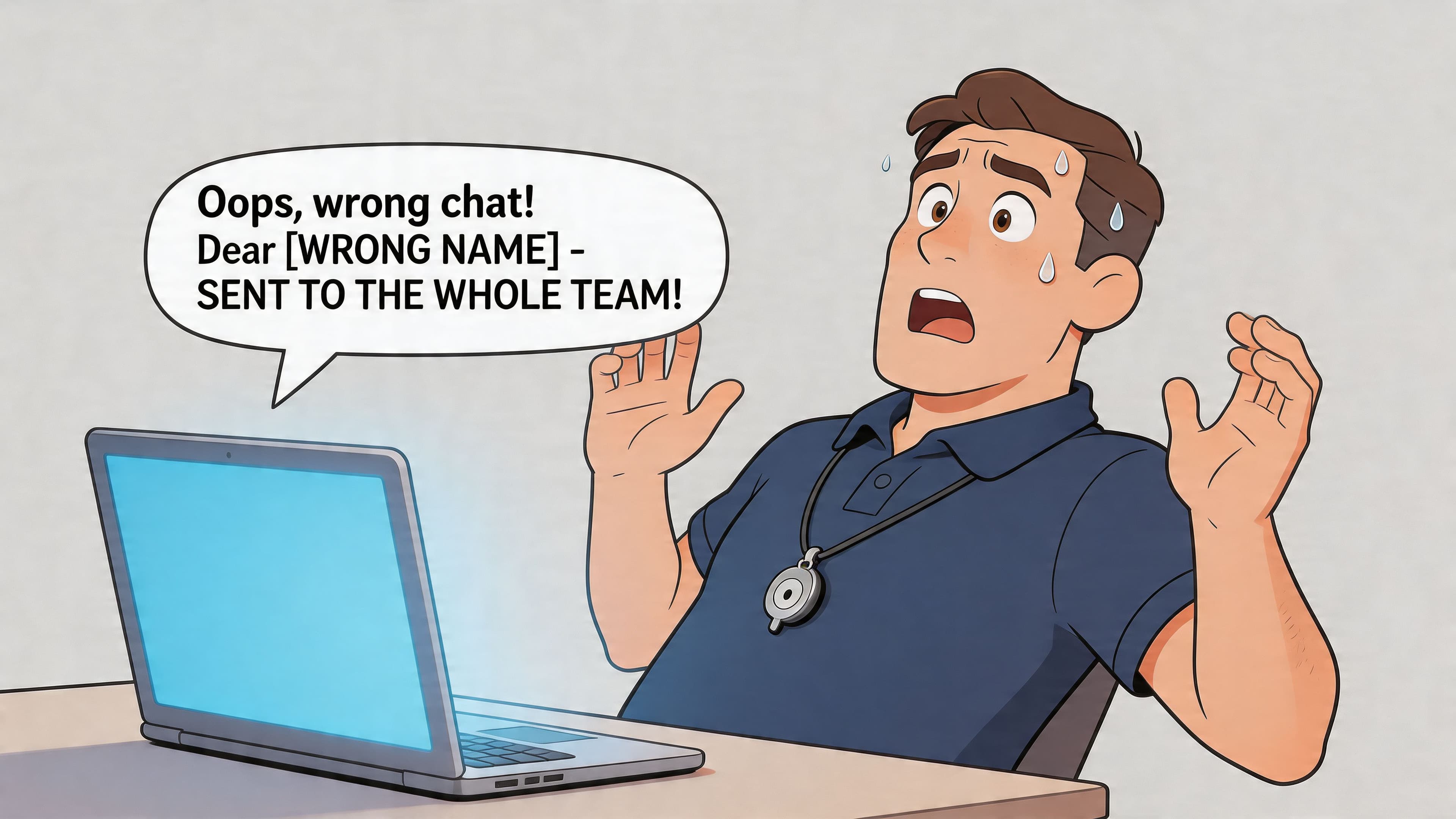 A panicked man wearing a whistle realizes he accidentally sent a message to the wrong chat.
